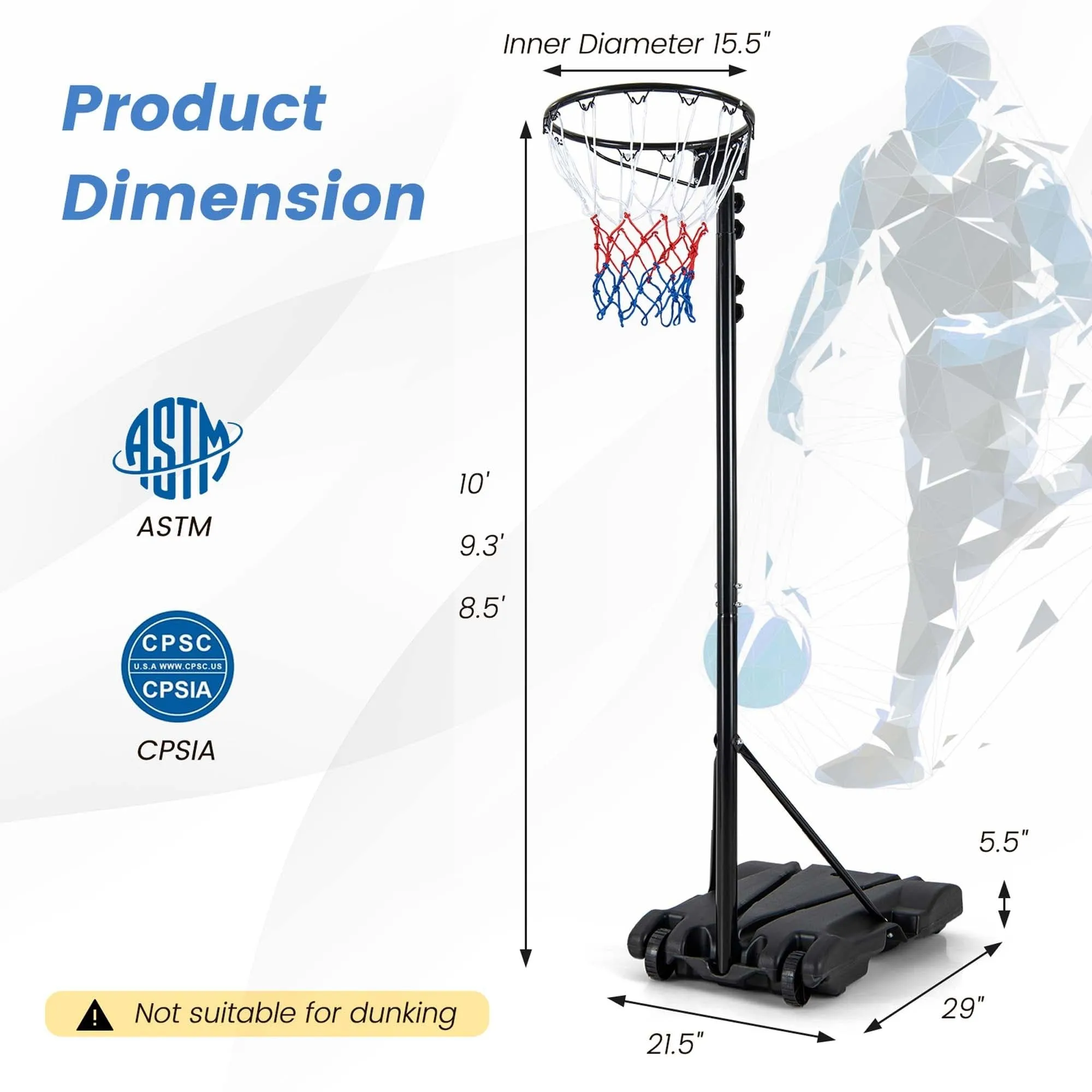8.5-10ft Adjustable Basketball Hoop Goal with Fillable Base Wheel