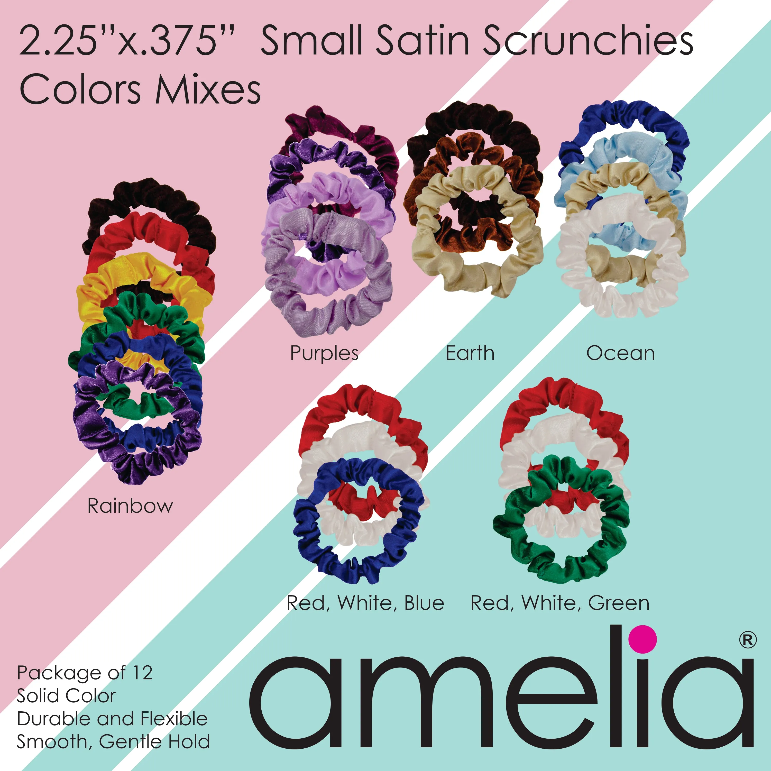 Amelia Beauty, Burgundy Satin Scrunchies, 2.25in Diameter, Gentle on Hair, Strong Hold, No Snag, No Dents or Creases. 12 Pack