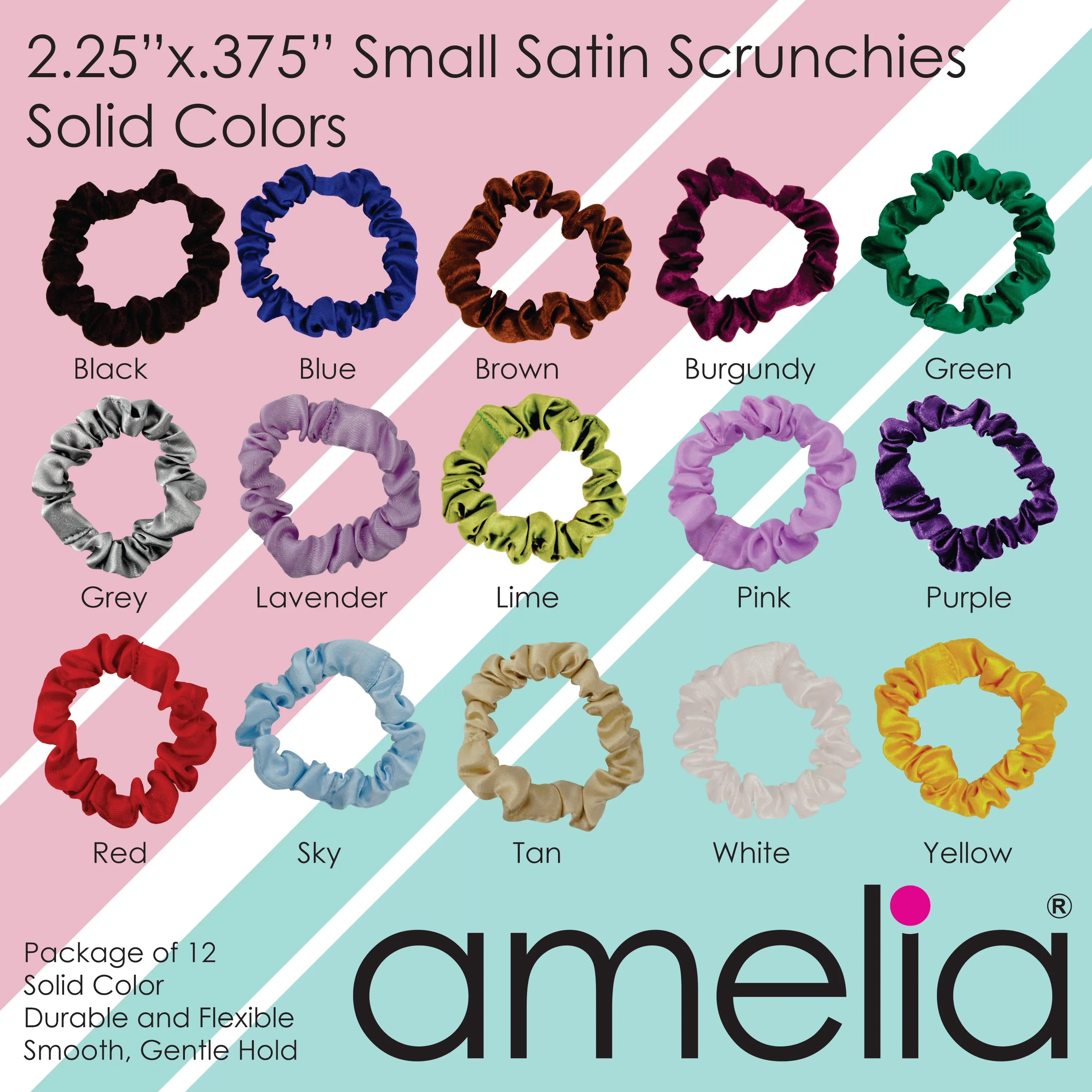 Amelia Beauty, Burgundy Satin Scrunchies, 2.25in Diameter, Gentle on Hair, Strong Hold, No Snag, No Dents or Creases. 12 Pack