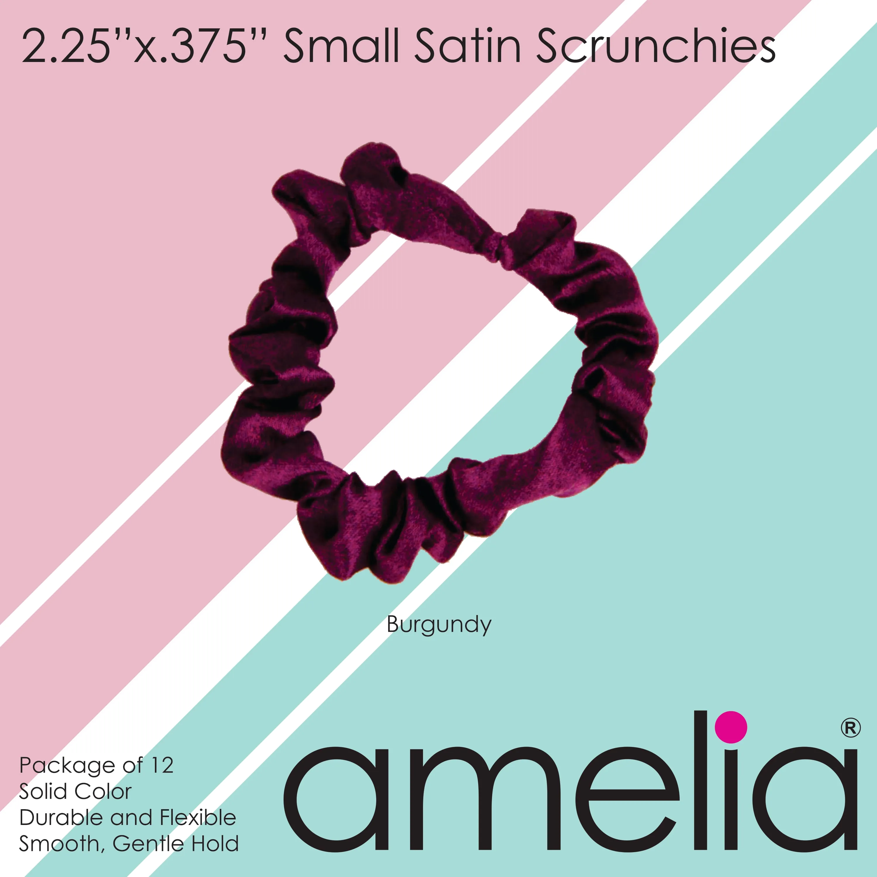 Amelia Beauty, Burgundy Satin Scrunchies, 2.25in Diameter, Gentle on Hair, Strong Hold, No Snag, No Dents or Creases. 12 Pack