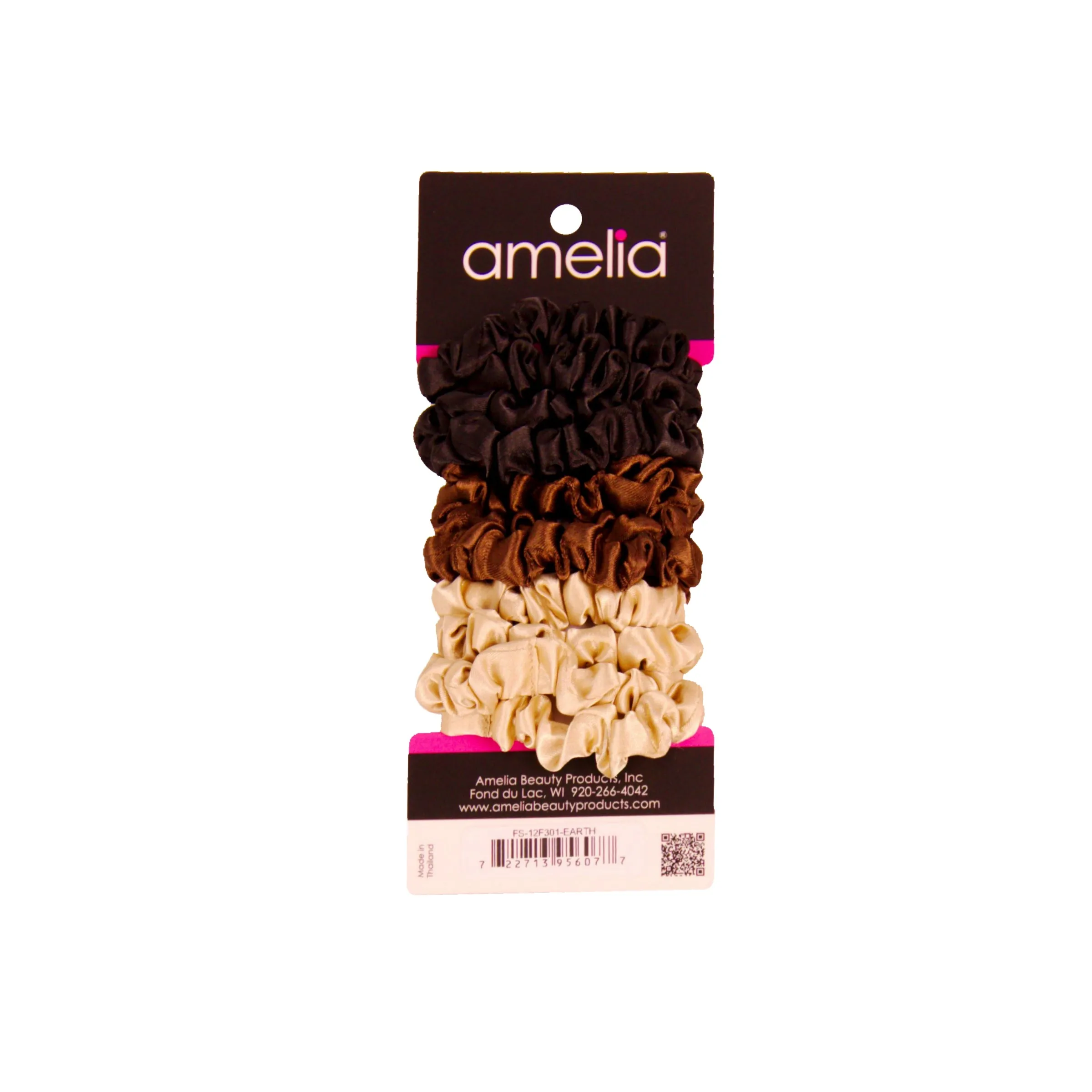 Amelia Beauty, Earth Tones Satin Scrunchies, 2.25in Diameter, Gentle on Hair, Strong Hold, No Snag, No Dents or Creases. 12 Pack