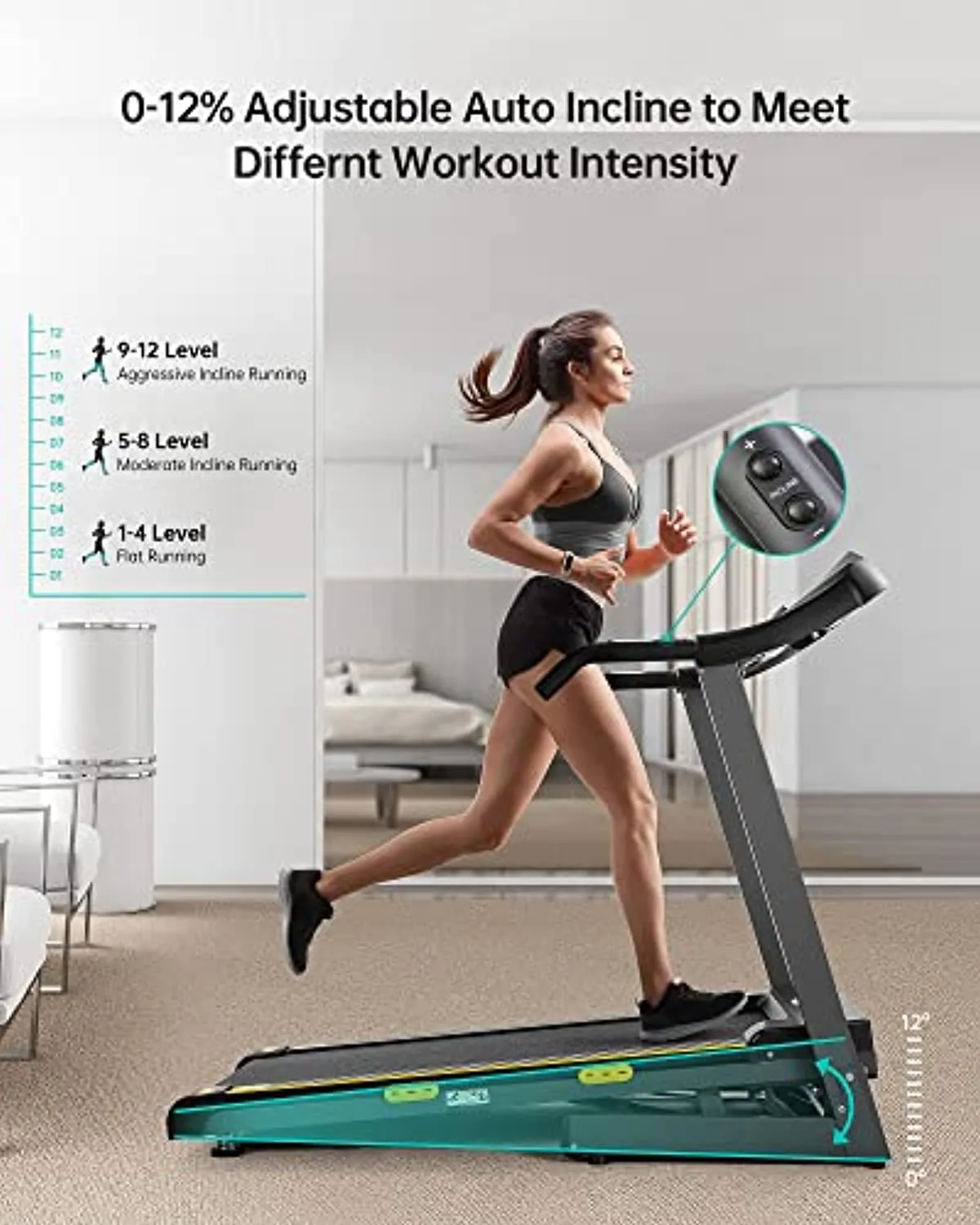 Auto Incline Treadmill Folding Treadmill Electric Treadmill for HomeWorkout Running Machine with 12-Level Automatic Incline Adjustment & Pre-Set Training Programs Large LCD Display