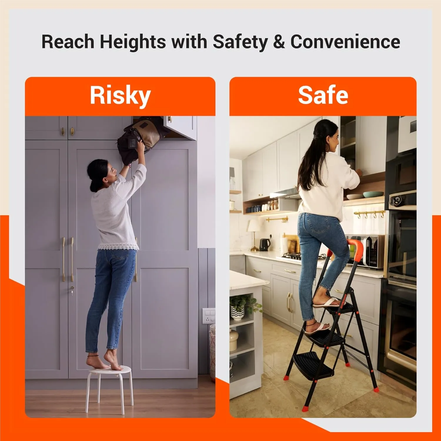 Bathla Ascend 6 Step Heavy Duty Steel Ladder for Home - Orange & Black