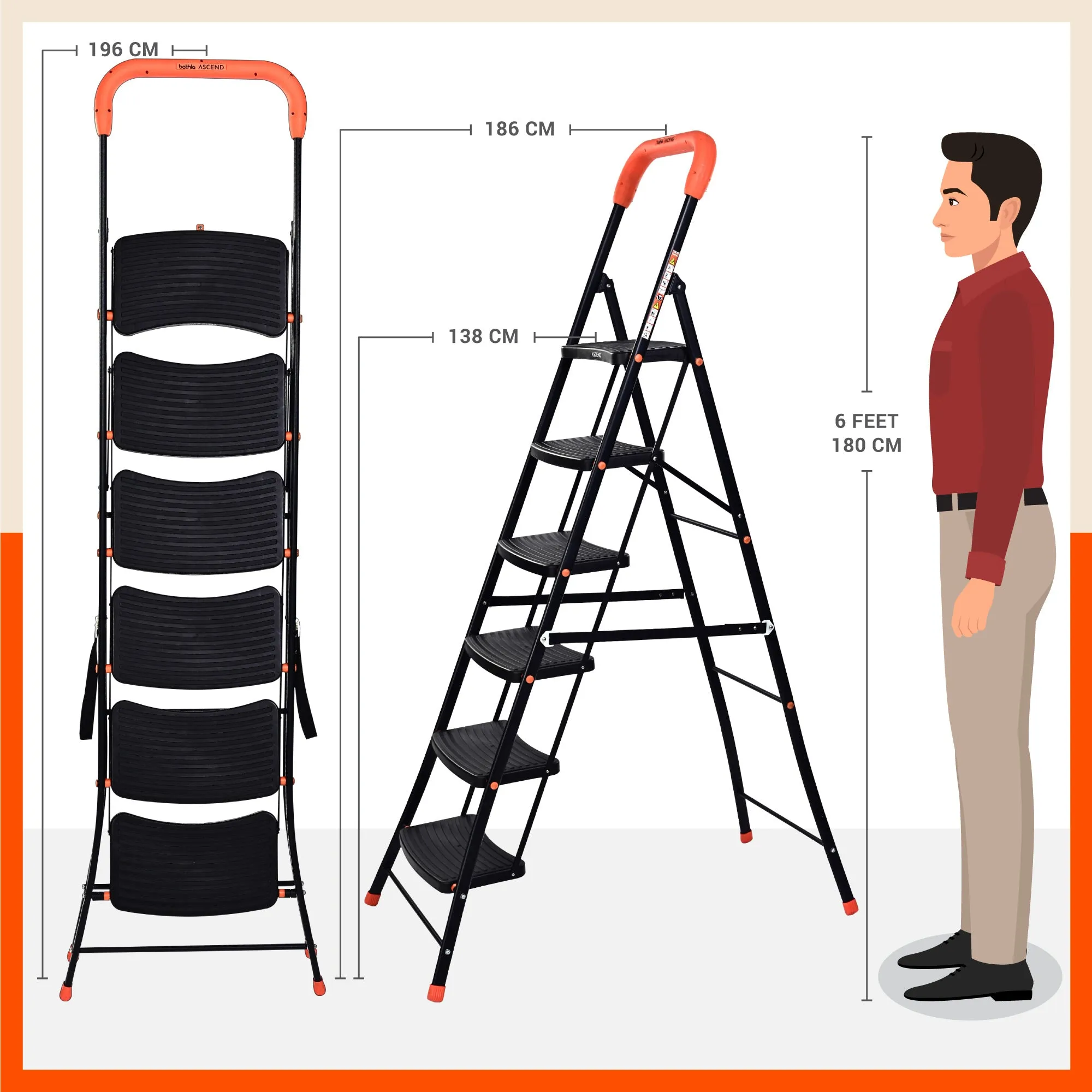 Bathla Ascend 6 Step Heavy Duty Steel Ladder for Home - Orange & Black