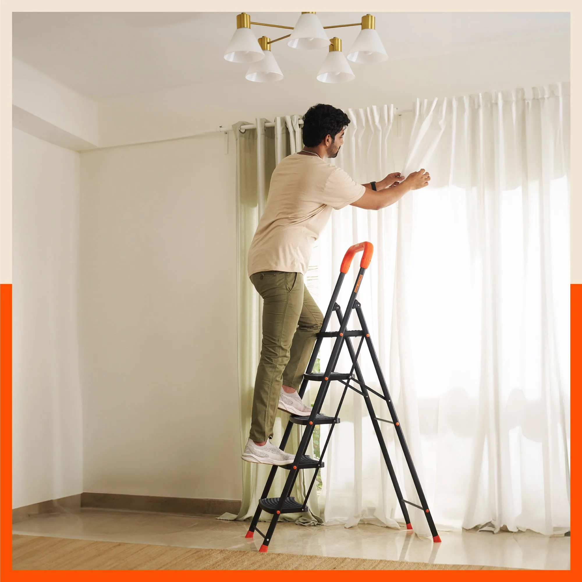 Bathla Ascend 6 Step Heavy Duty Steel Ladder for Home - Orange & Black