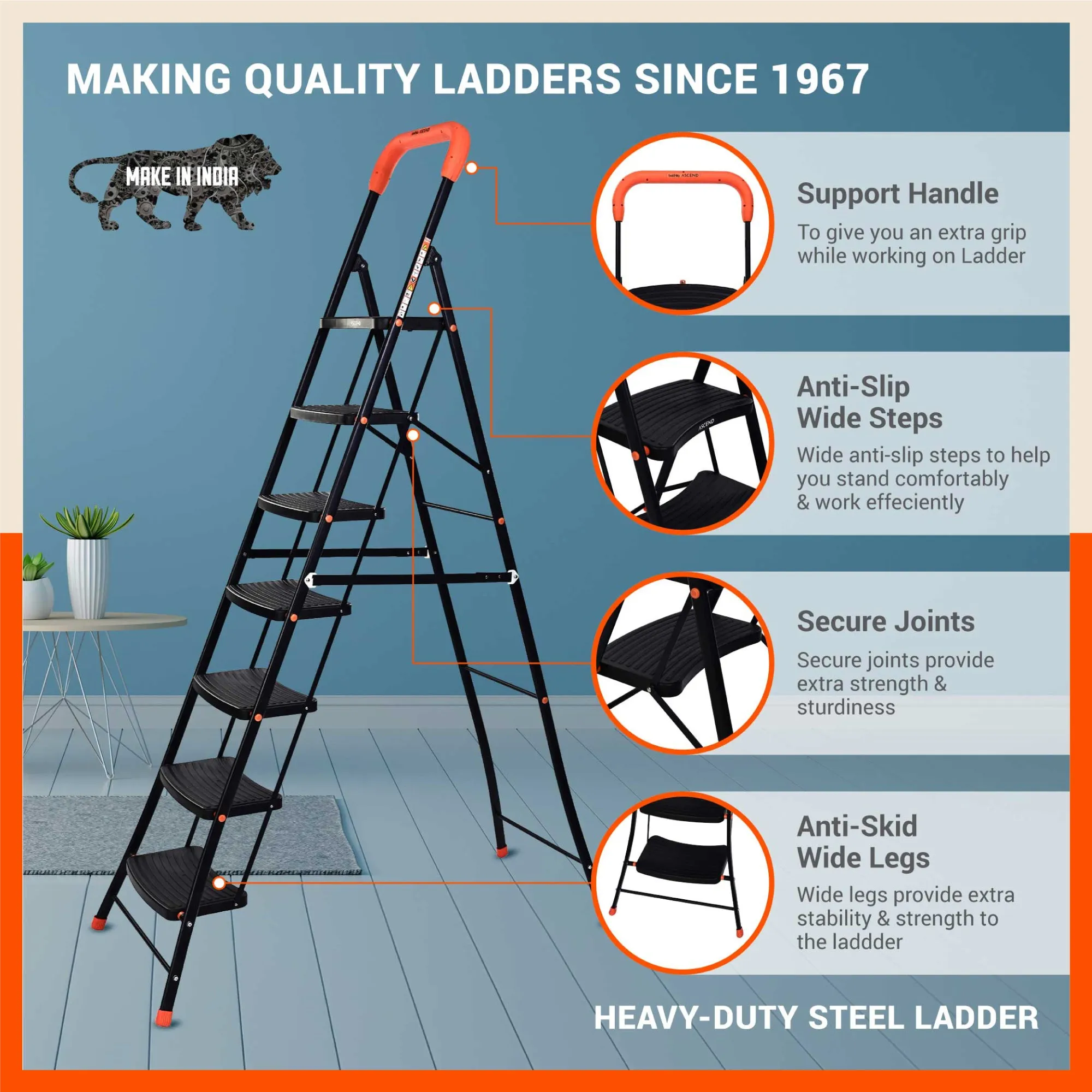 Bathla Ascend 7 Step Heavy Duty Steel Ladder for Home - Orange & Black