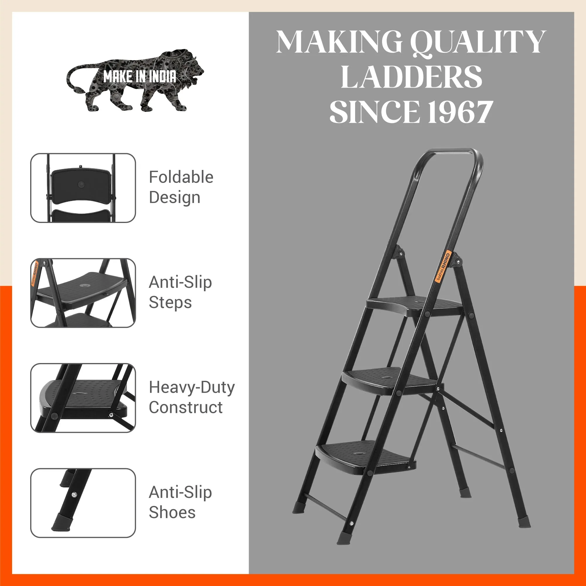 Bathla Boost Rhino 3 - Step Foldable Steel Ladder For Home (Black   Black)