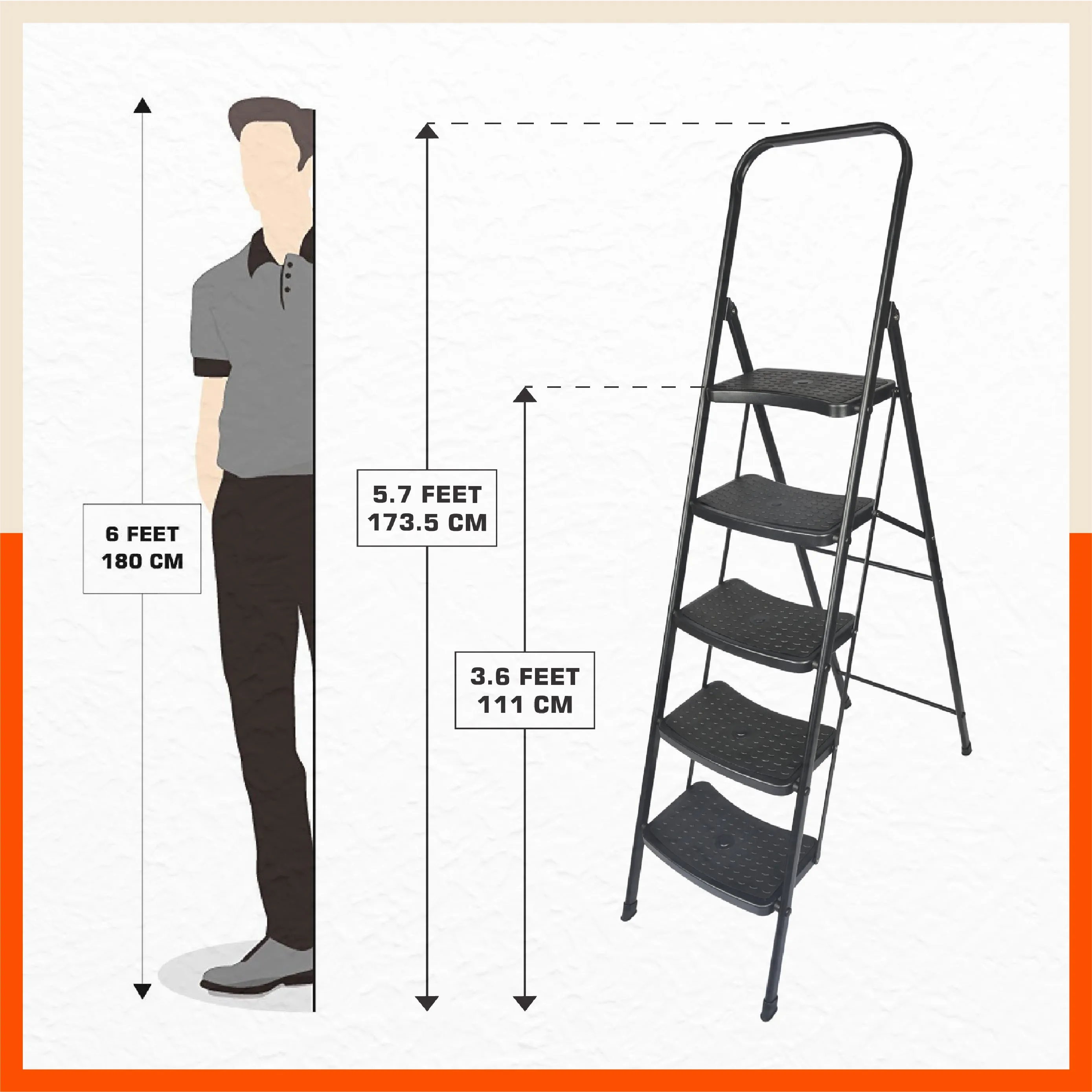 Bathla Boost Rhino 5 - Step Foldable Steel Ladder For Home (Black   Black)