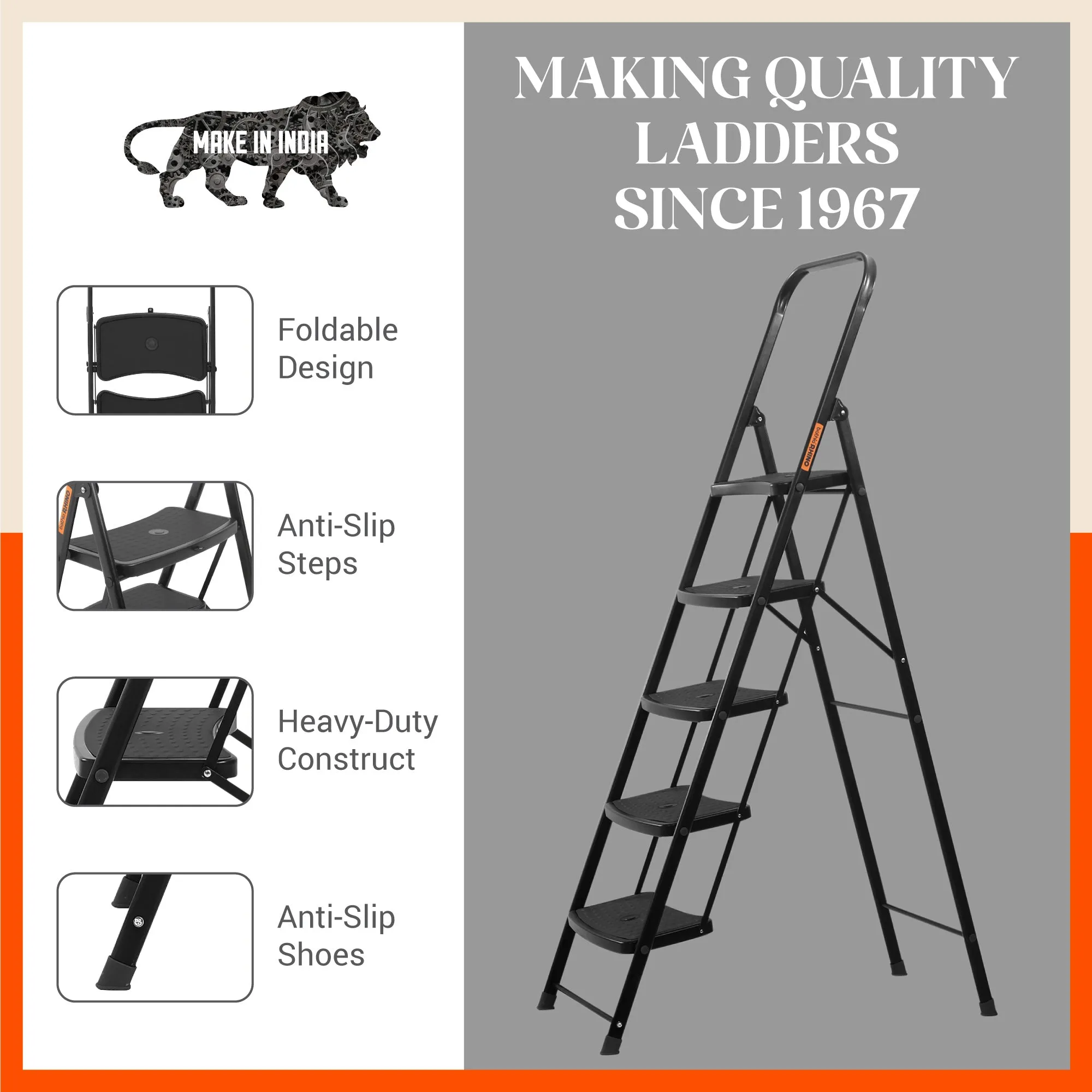 Bathla Boost Rhino 5 - Step Foldable Steel Ladder For Home (Black   Black)