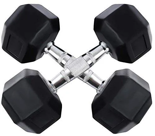 Body Maxx Hex Dumbbells 15 kg Pair, Rubber Dumbbell Set 15kg, Black Rubber Coated Dumbbells with Steel Grip Home Gym Fitness