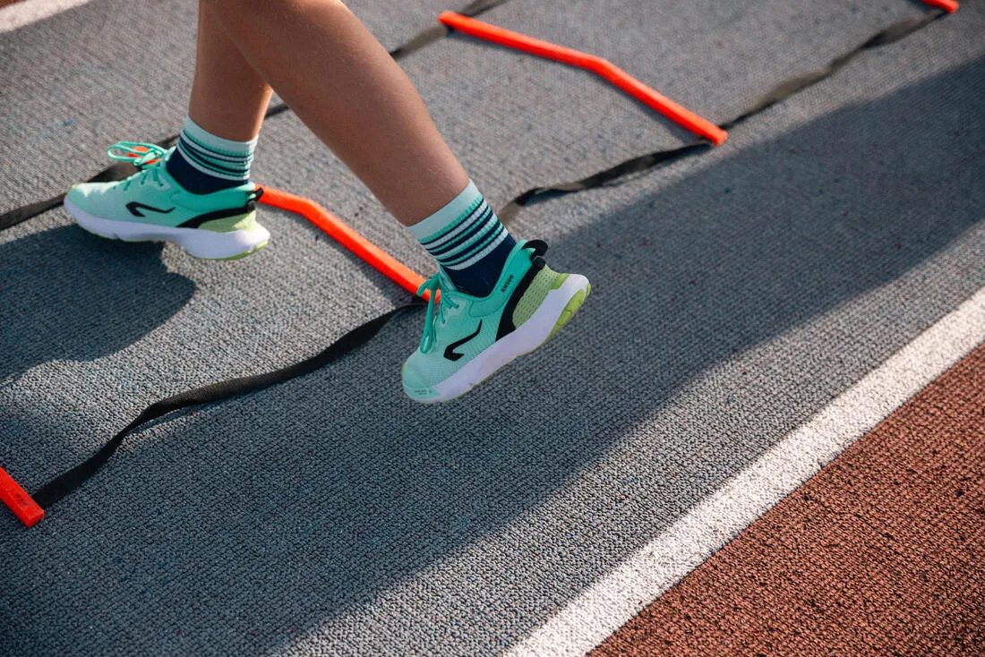 Chaussures de running drop 0 Enfant - KIPRUN KN500 vertes jaunes noires