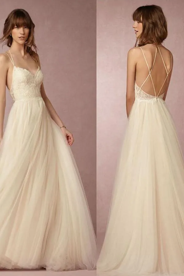 Fashion Simple A-line Brace Lace Backless Straps Wedding Dress TN0107