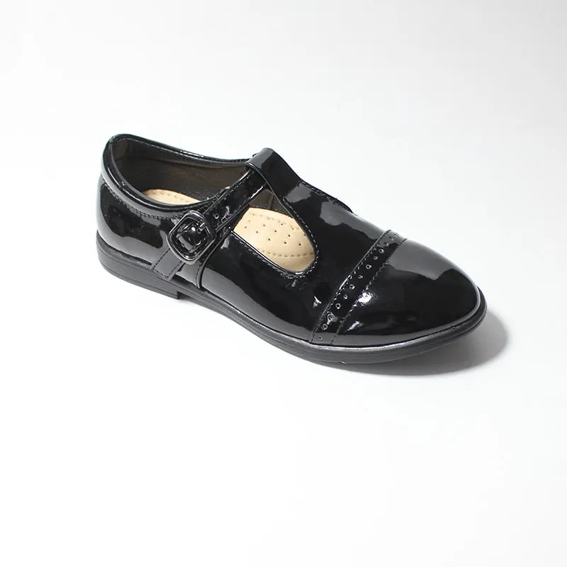 Girls Buckle T-Bar Black Patent Lightweight Leather Shoes