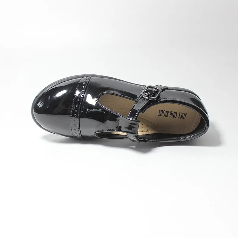 Girls Buckle T-Bar Black Patent Lightweight Leather Shoes
