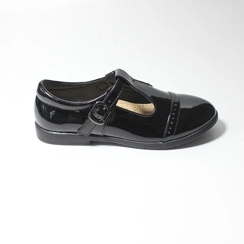 Girls Buckle T-Bar Black Patent Lightweight Leather Shoes