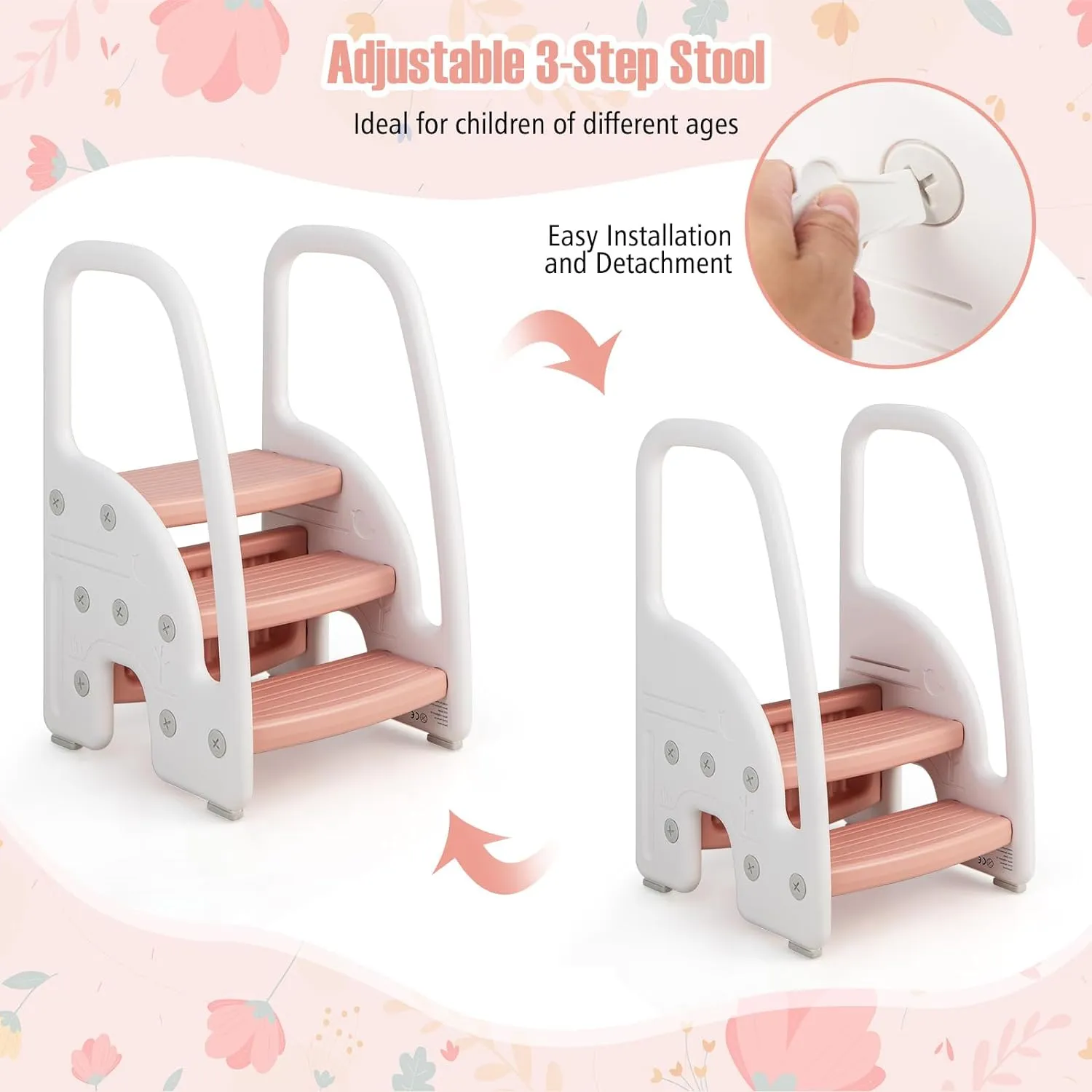 Grow-with-me Montessori Non Slip Step Stool | Learning Tower | White & Pink | 12m 