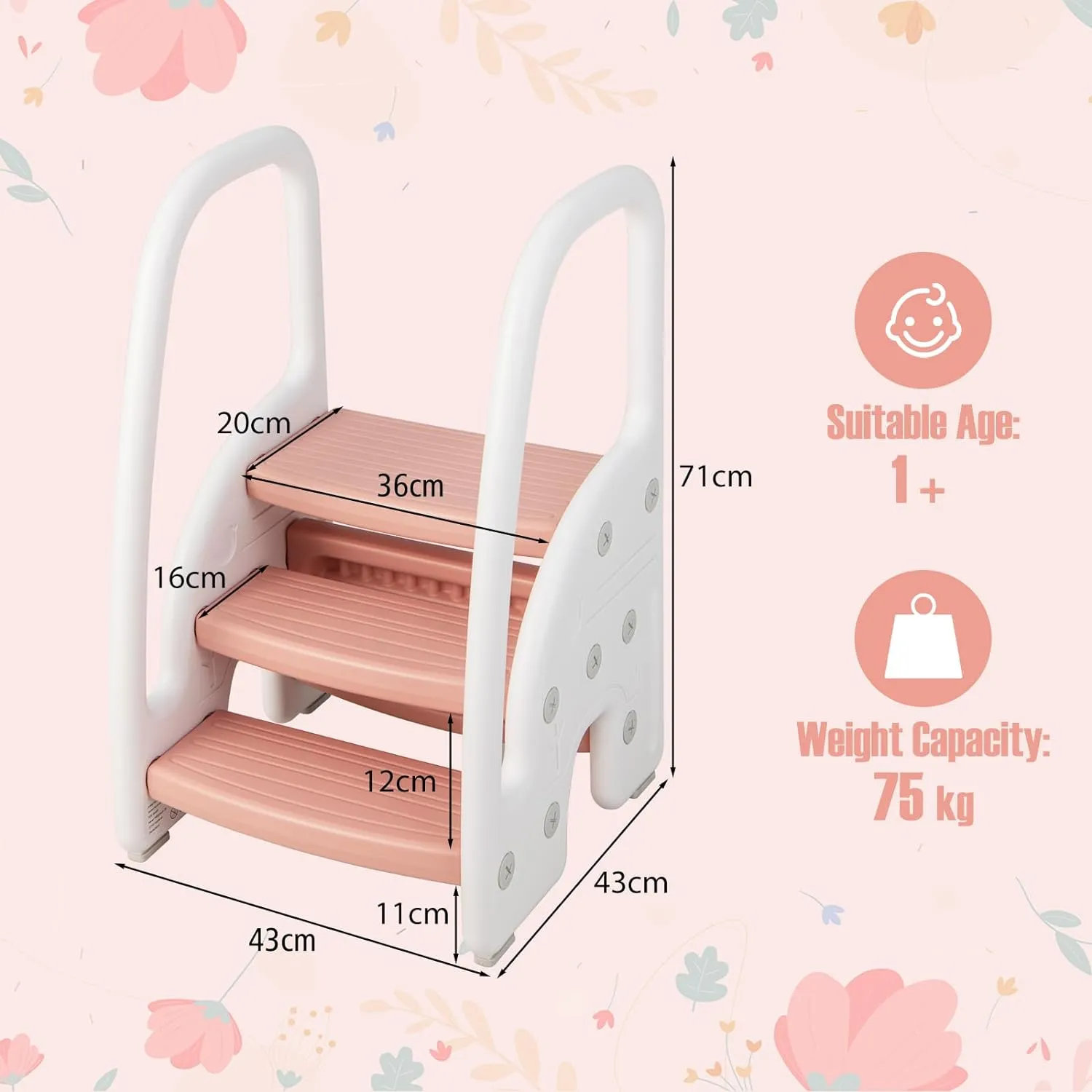 Grow-with-me Montessori Non Slip Step Stool | Learning Tower | White & Pink | 12m 