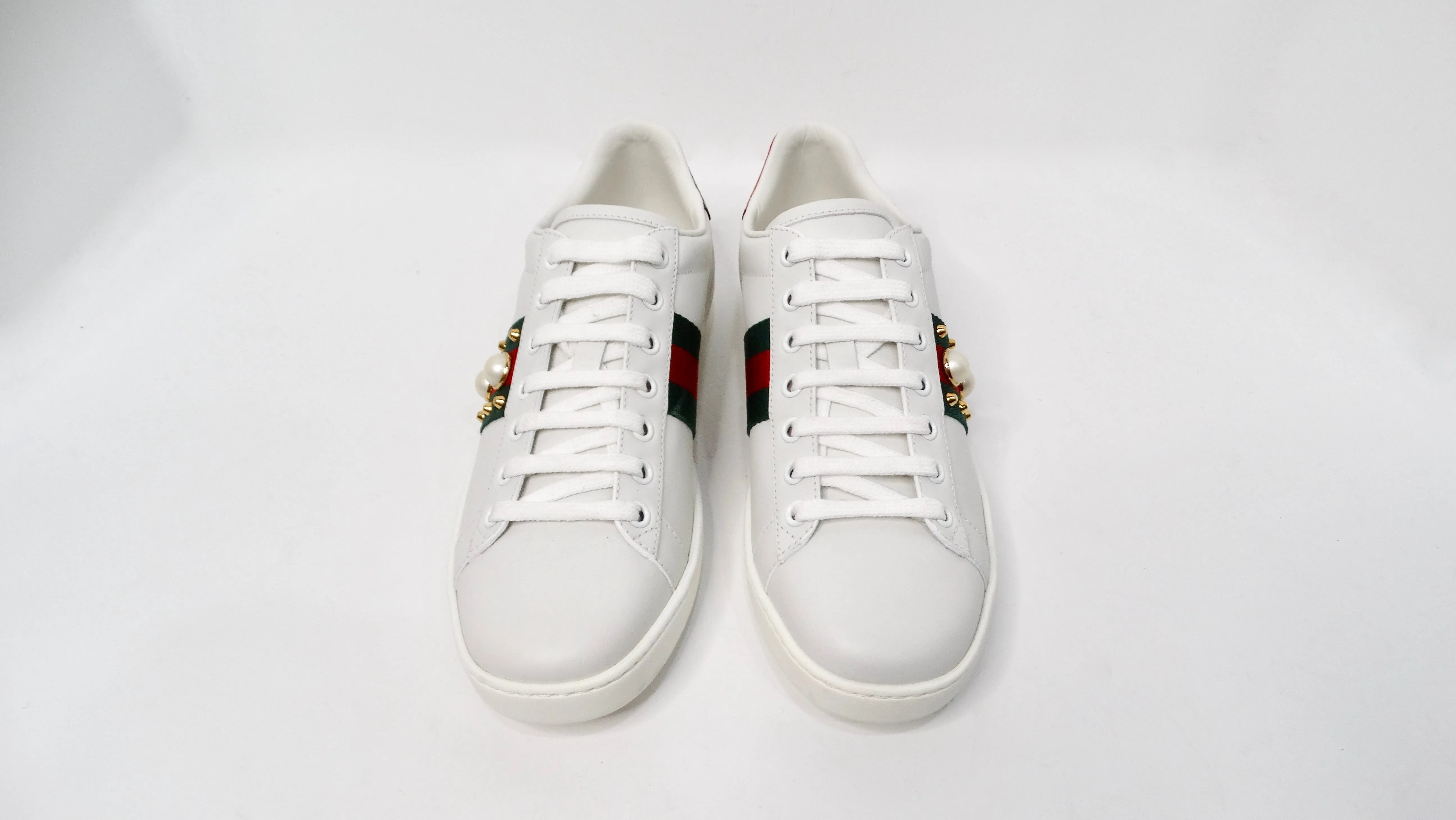 Gucci Ace White Calfskin Faux Pearl Accent & Spike Sneakers