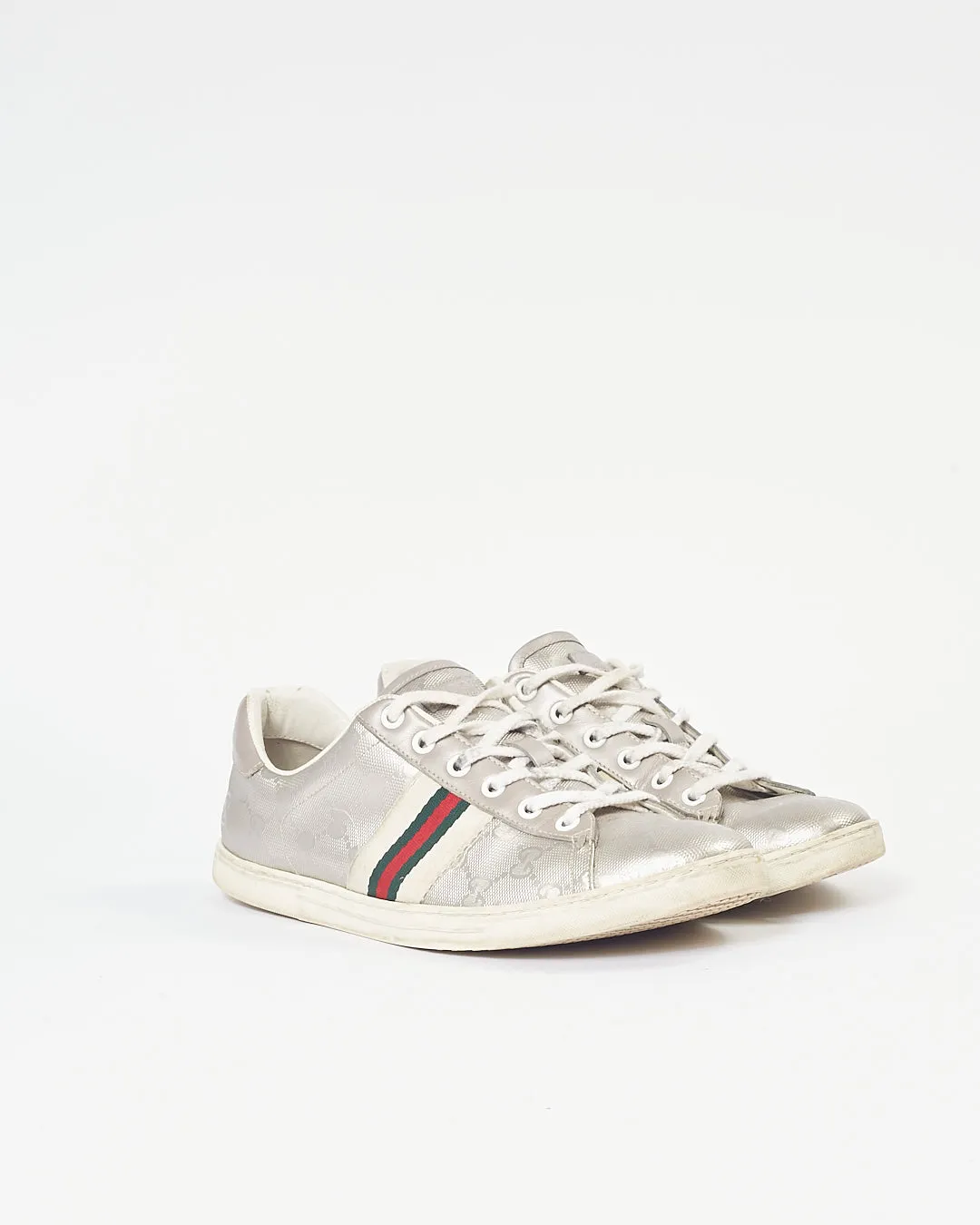 Gucci Silver Metallic Web Detail Sneakers - 8.5