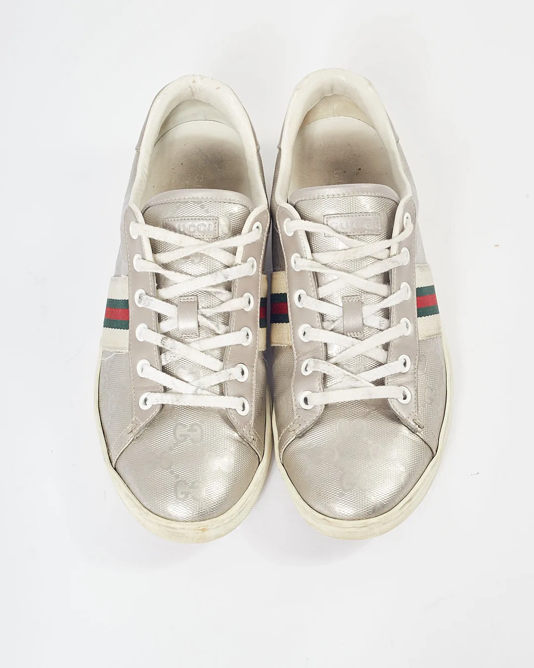 Gucci Silver Metallic Web Detail Sneakers - 8.5
