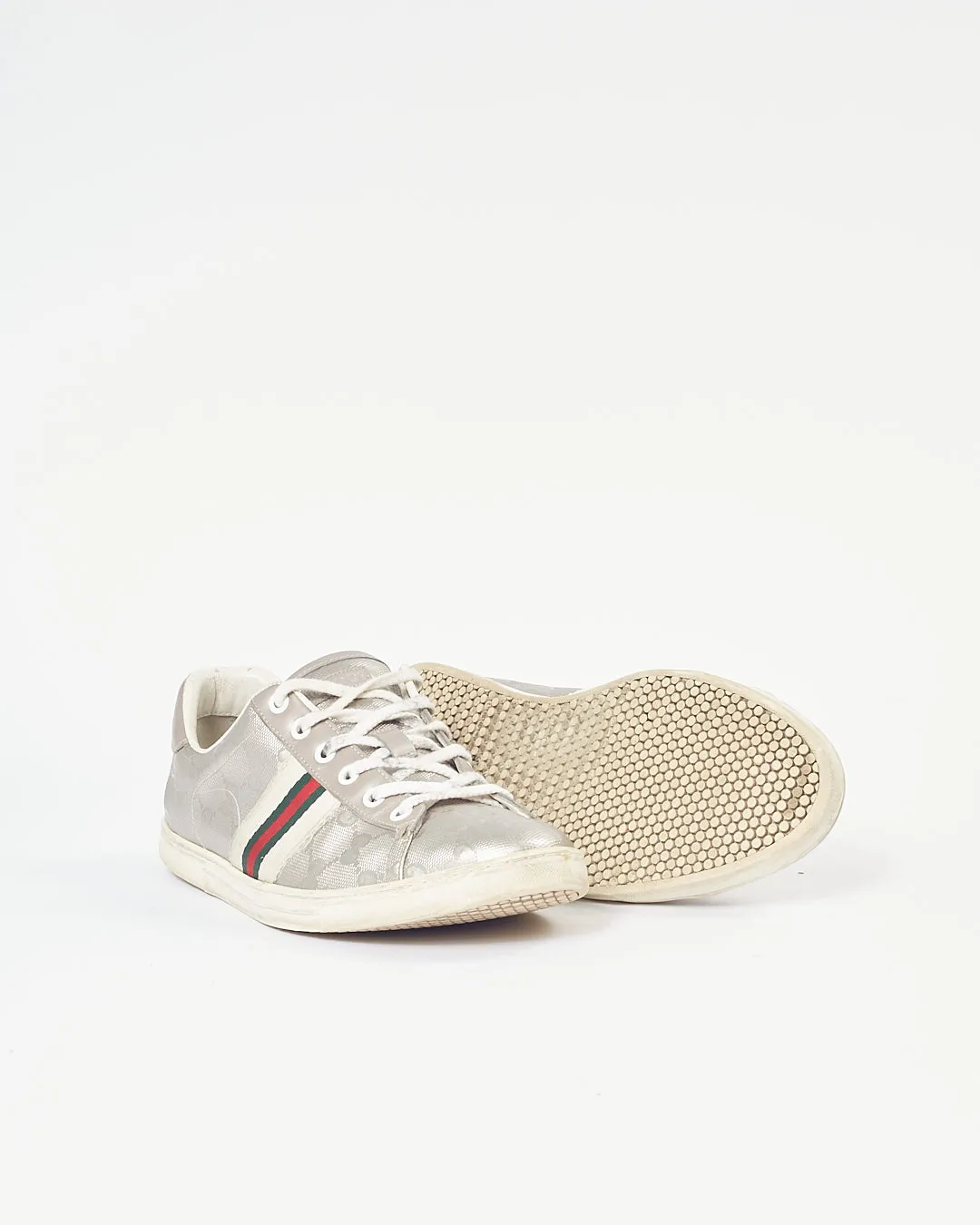 Gucci Silver Metallic Web Detail Sneakers - 8.5