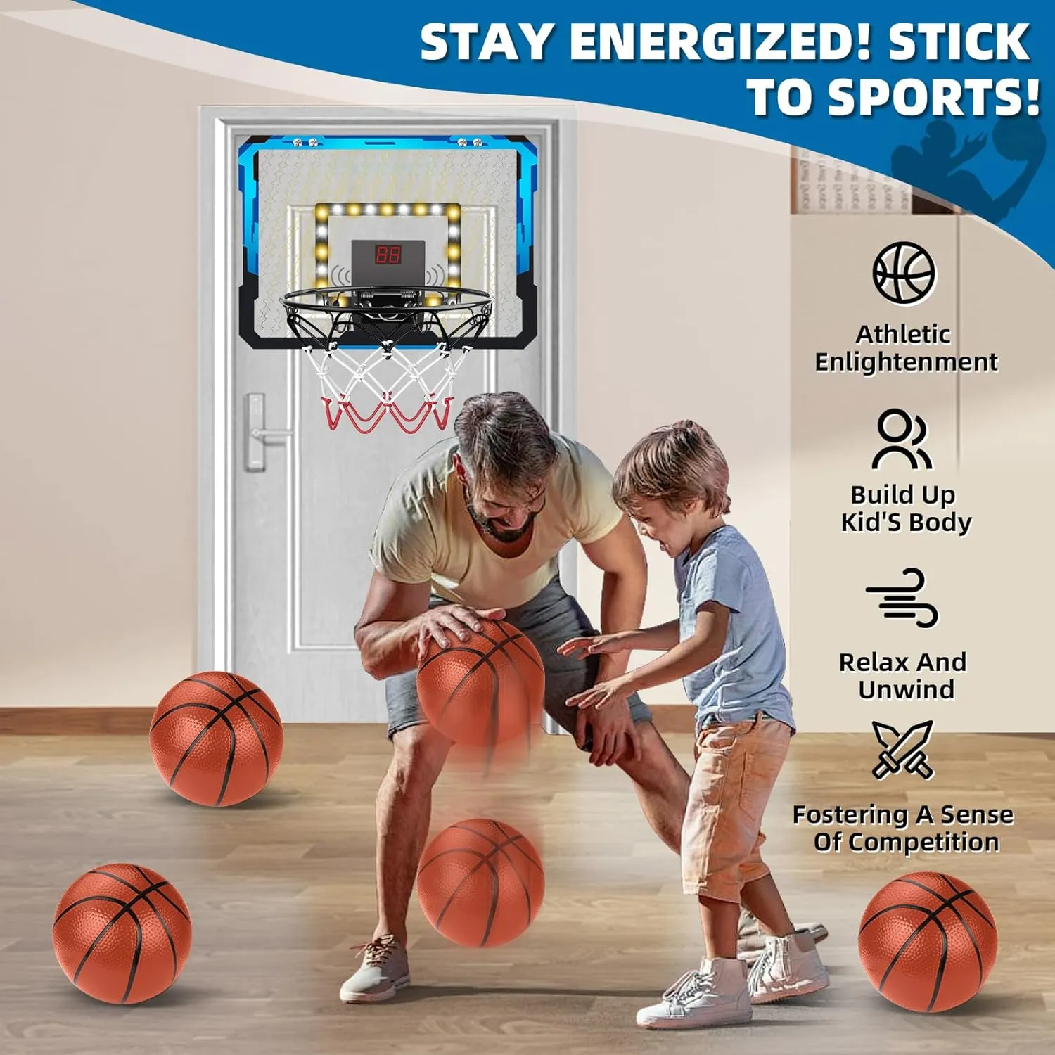 Indoor Basketball Hoop for Kids Over The Door Mini Basketball Hoop with 4