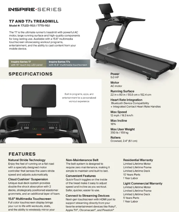 INSPIRE T7LED TREADMILL WITH LED