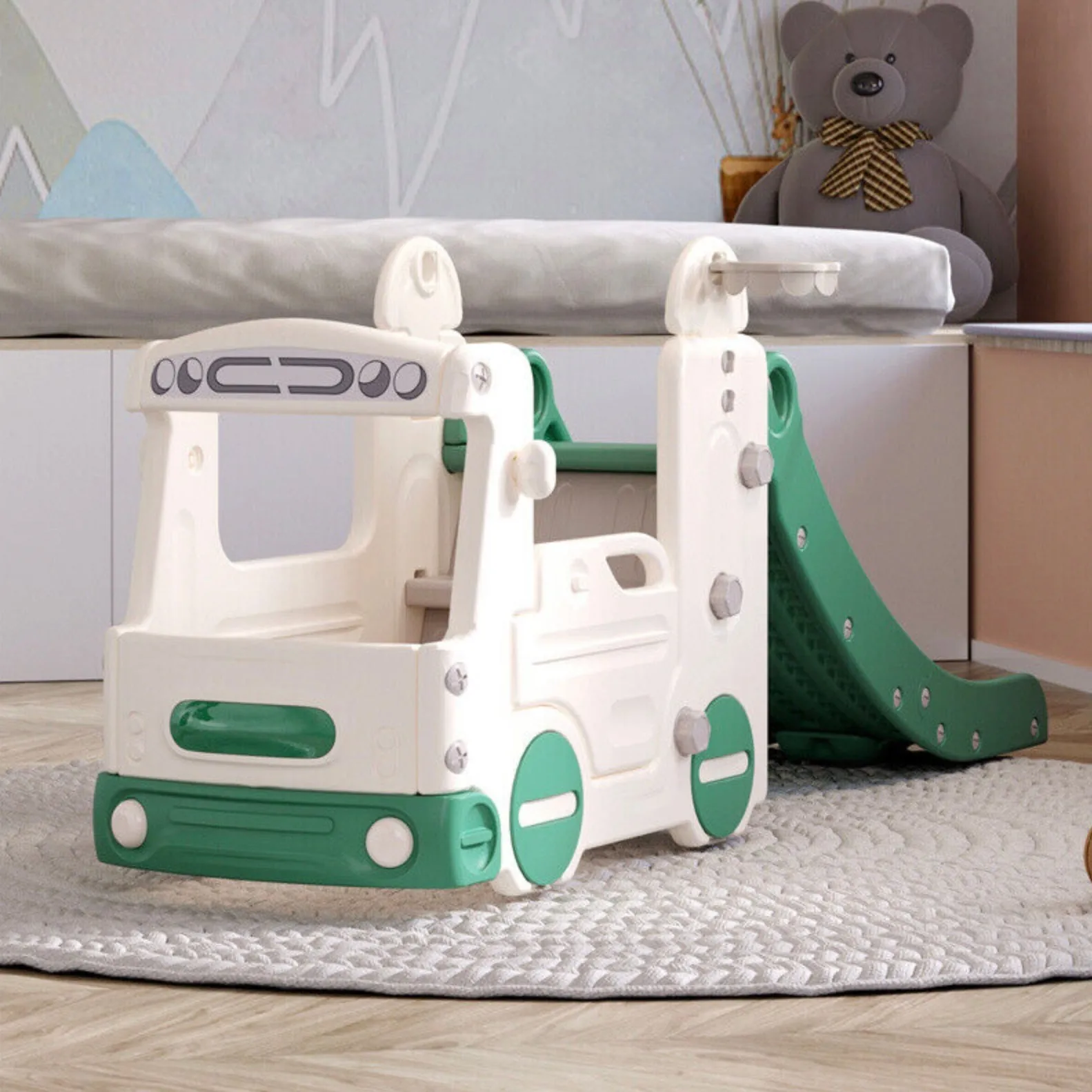 Large Montessori 4-in-1 Bus & Slide With Basketball Hoop | Drive | Climb | Slide | Shoot Hoops | 2 Years 