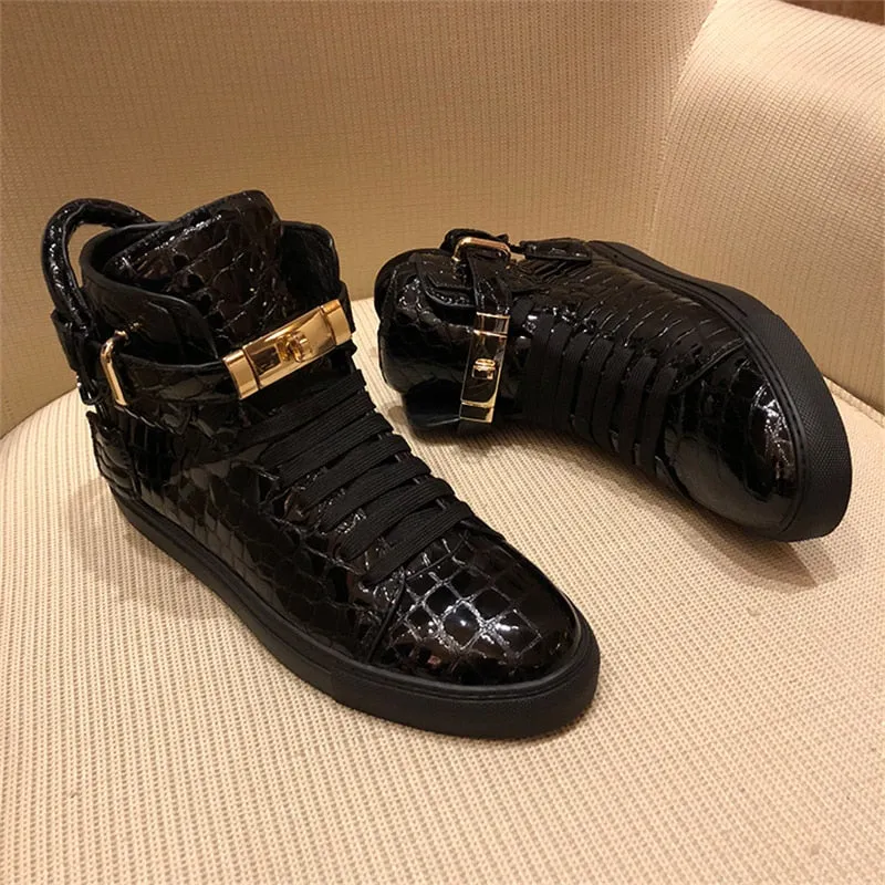Men Embossed Crocodile High Top Sneakers Lock Lace Red Sneakers Real Leather Designer Flat Men Sneakers Casual Shoes