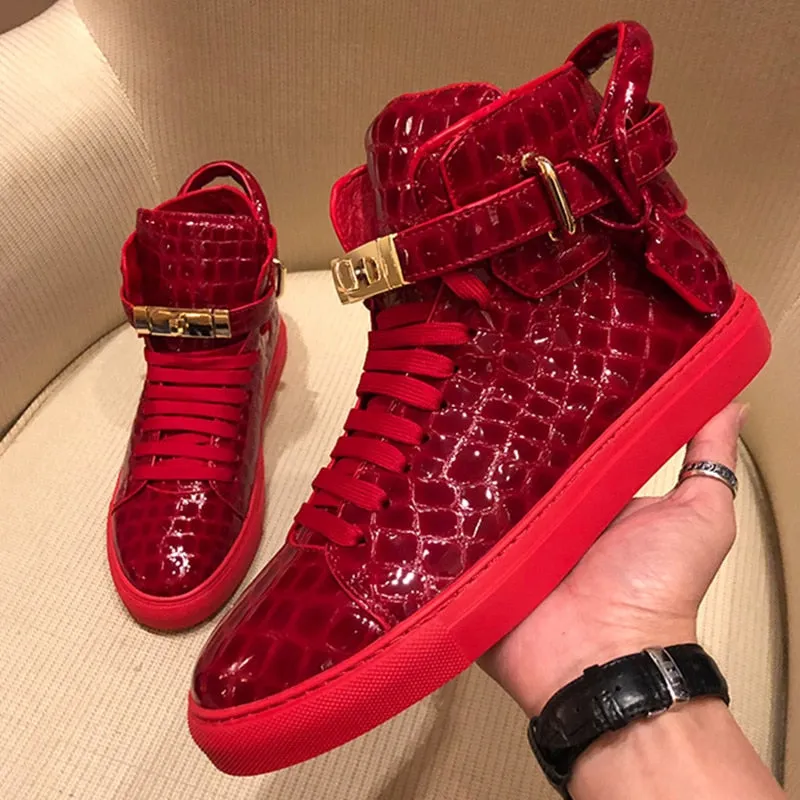 Men Embossed Crocodile High Top Sneakers Lock Lace Red Sneakers Real Leather Designer Flat Men Sneakers Casual Shoes