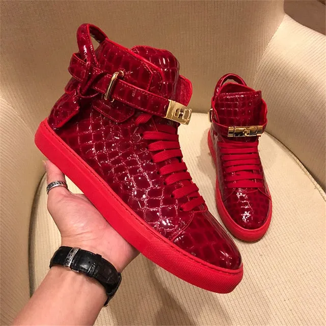 Men Embossed Crocodile High Top Sneakers Lock Lace Red Sneakers Real Leather Designer Flat Men Sneakers Casual Shoes