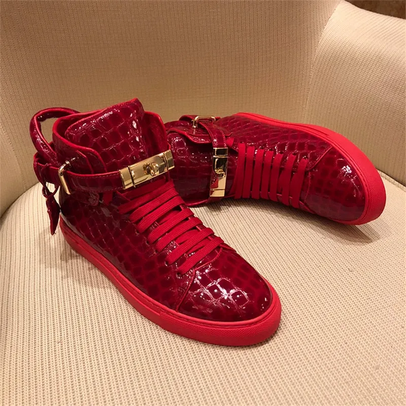 Men Embossed Crocodile High Top Sneakers Lock Lace Red Sneakers Real Leather Designer Flat Men Sneakers Casual Shoes