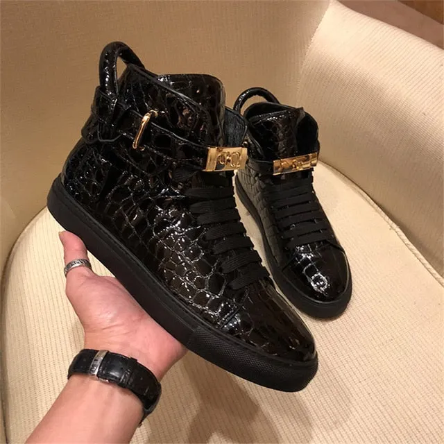 Men Embossed Crocodile High Top Sneakers Lock Lace Red Sneakers Real Leather Designer Flat Men Sneakers Casual Shoes