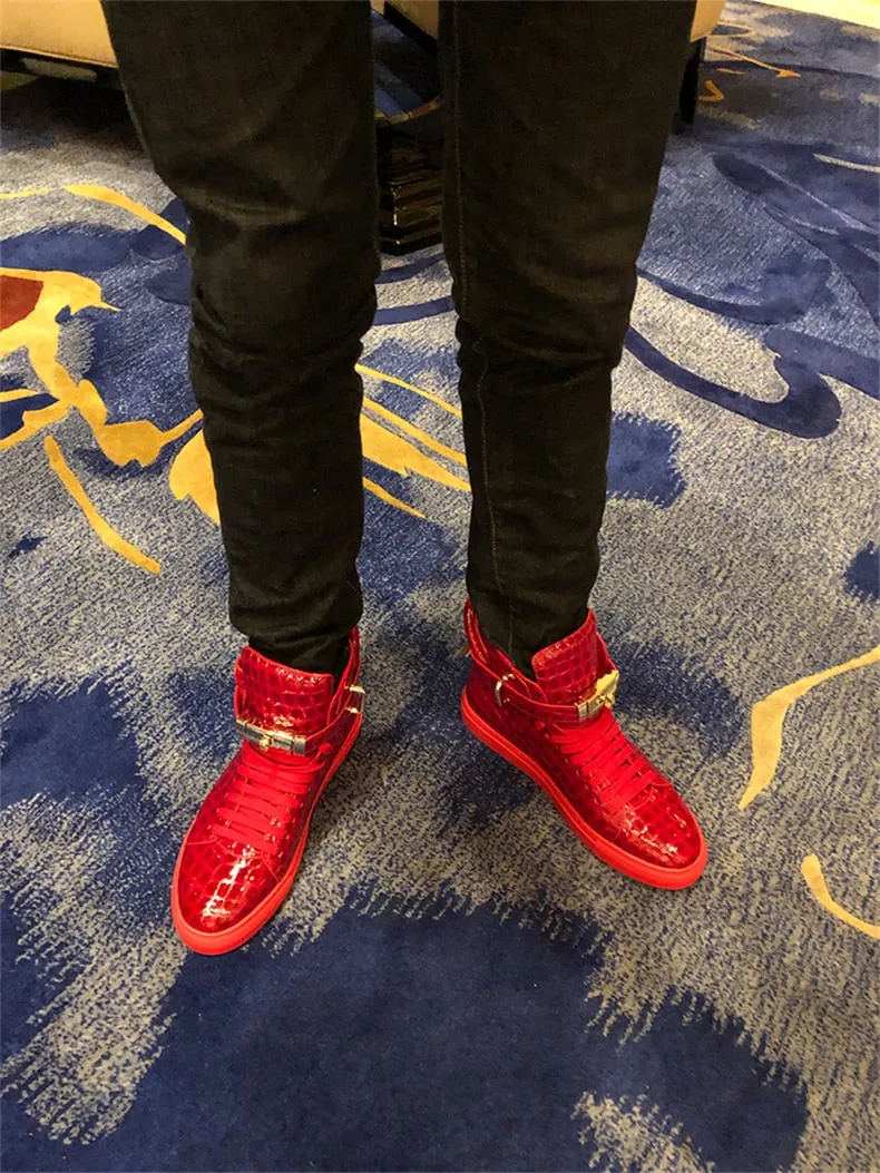 Men Embossed Crocodile High Top Sneakers Lock Lace Red Sneakers Real Leather Designer Flat Men Sneakers Casual Shoes