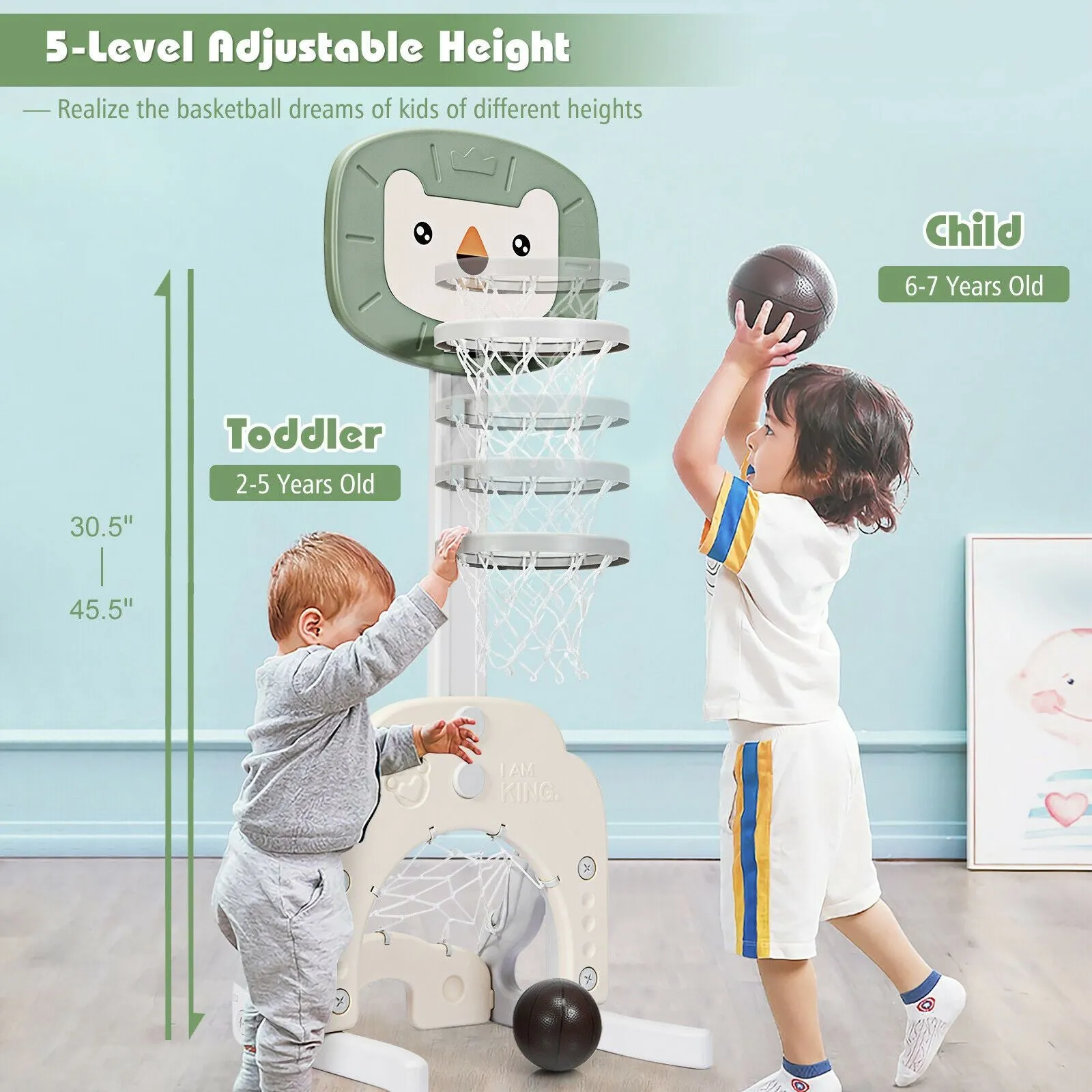 Montessori 3-in-1 Kids Basketball Stand | Adjustable Height | Football & Golf Goal | 3 Years 