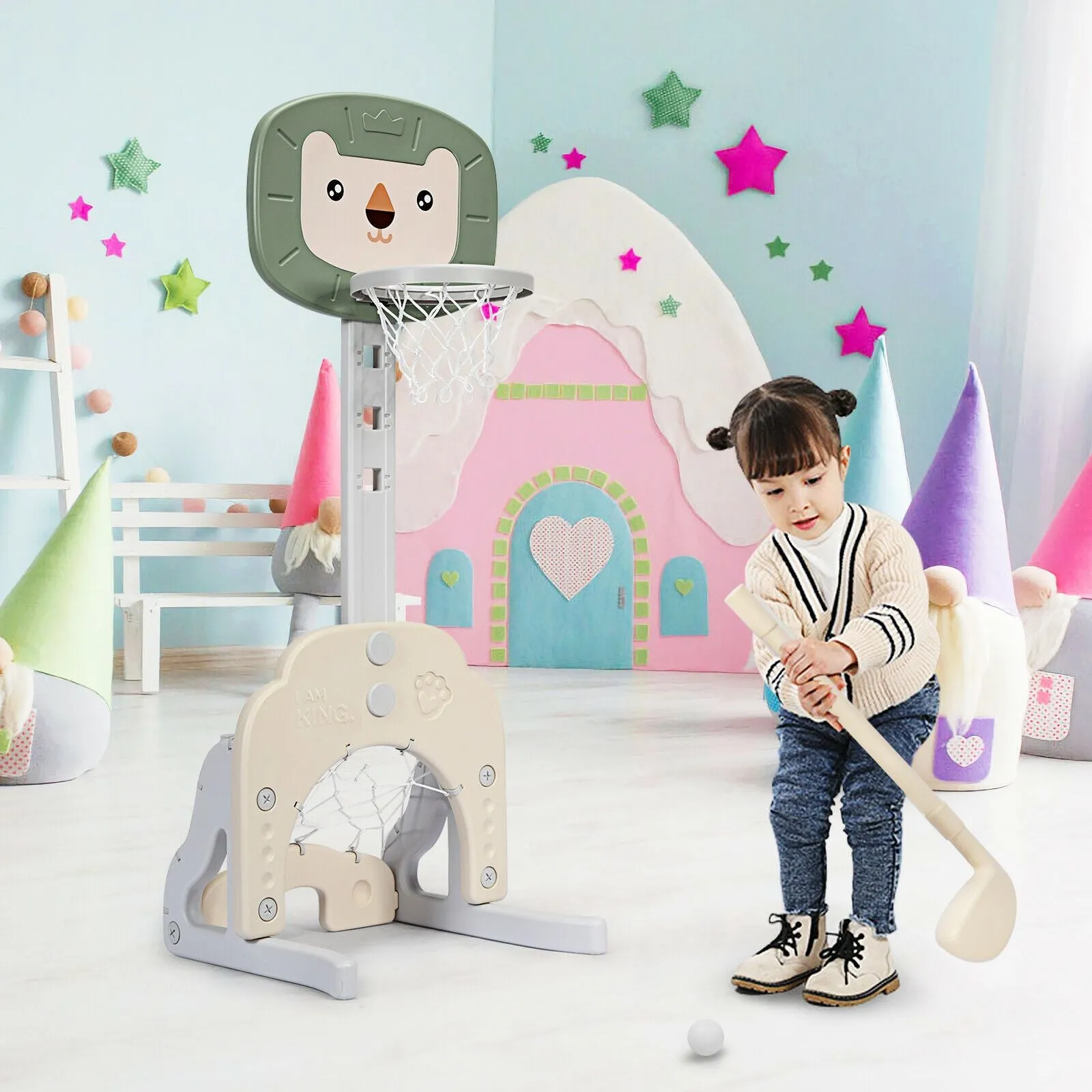 Montessori 3-in-1 Kids Basketball Stand | Adjustable Height | Football & Golf Goal | 3 Years 