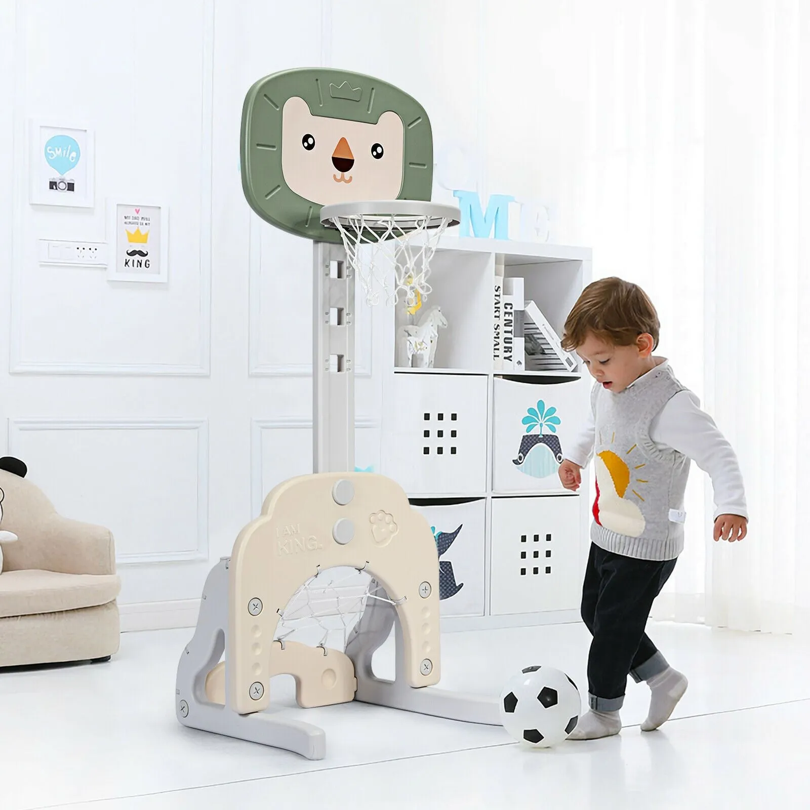 Montessori 3-in-1 Kids Basketball Stand | Adjustable Height | Football & Golf Goal | 3 Years 