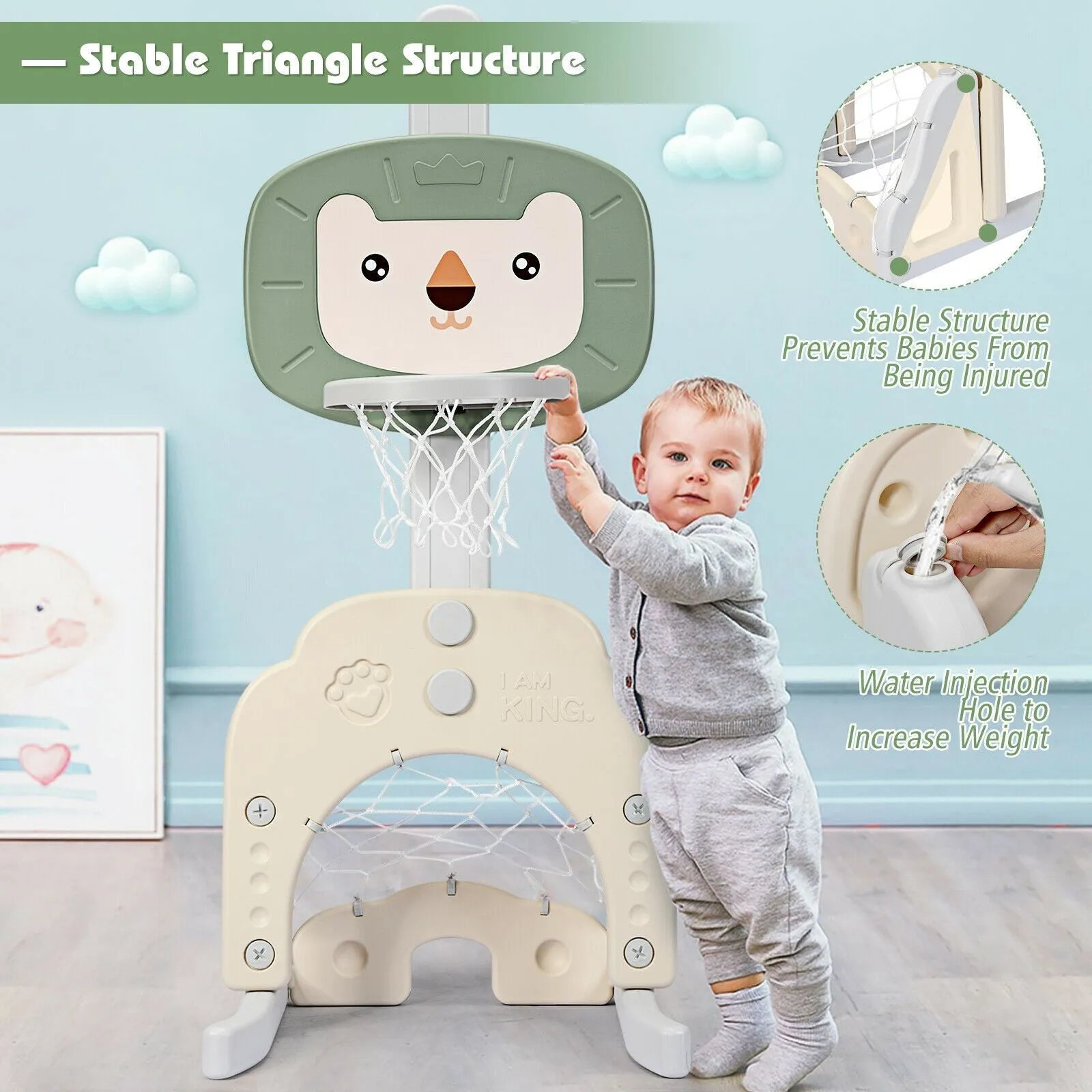 Montessori 3-in-1 Kids Basketball Stand | Adjustable Height | Football & Golf Goal | 3 Years 