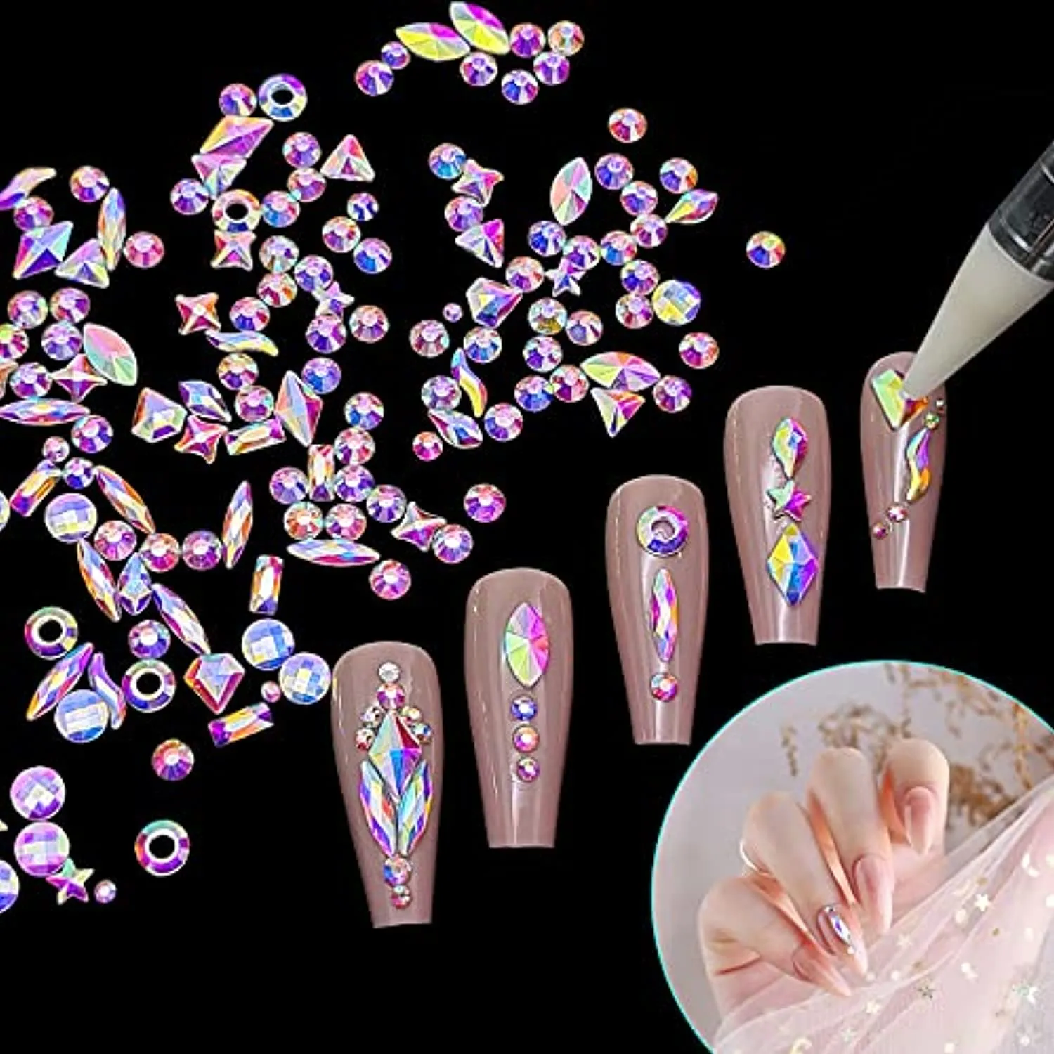 Nail Rhinestones Gems Jewels Kit,3830pcs 3D Crystal Diamond Nail Stones Mixed Shapes and Round Flat Rhinestones Packed with Nail Jewels Wax Pen & Box,Idea Gift for Acrylic Nail Art Diy Crafts
