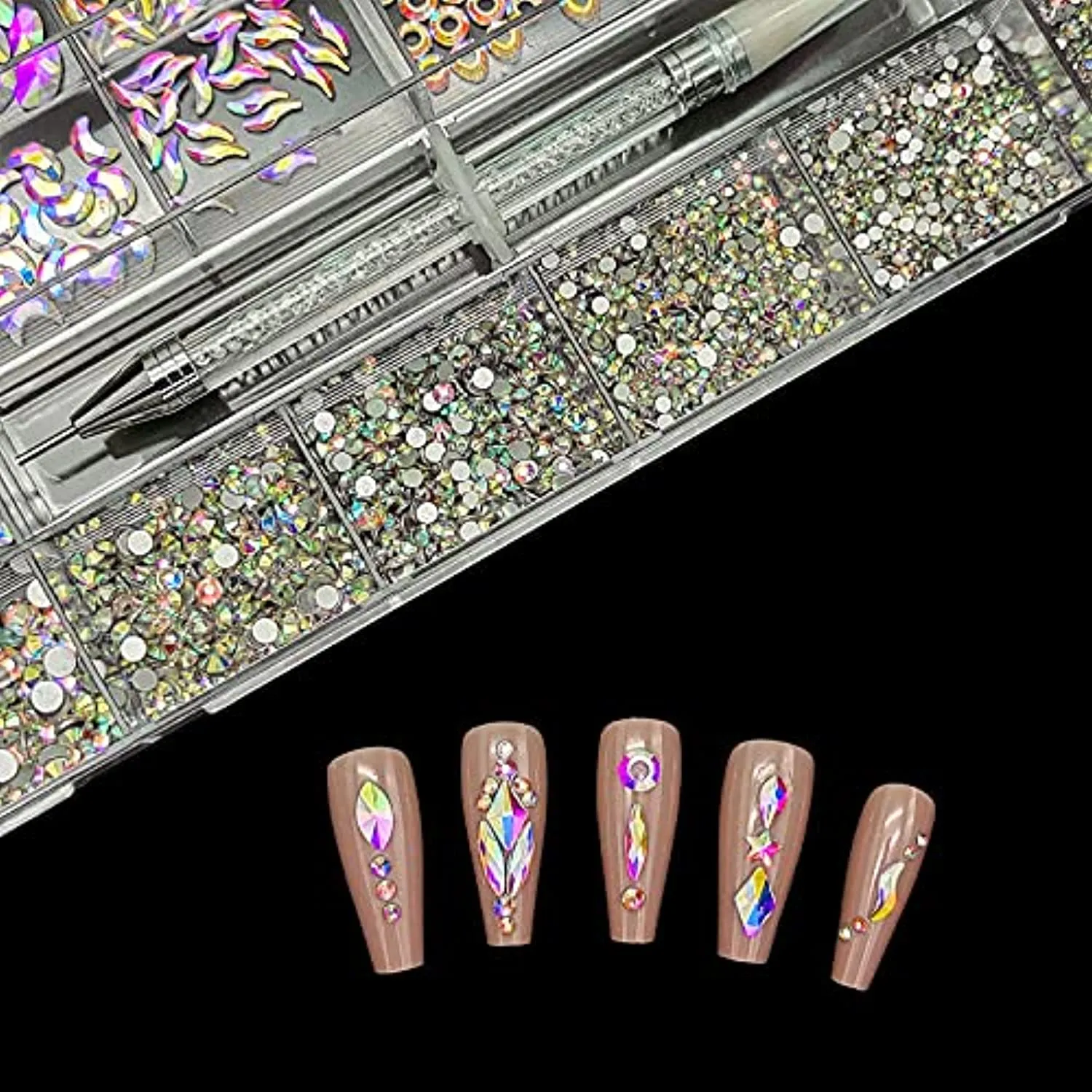 Nail Rhinestones Gems Jewels Kit,3830pcs 3D Crystal Diamond Nail Stones Mixed Shapes and Round Flat Rhinestones Packed with Nail Jewels Wax Pen & Box,Idea Gift for Acrylic Nail Art Diy Crafts