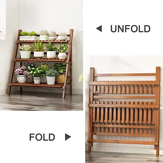 New Giantex Indoor/Outdoor Folding Bamboo Plant Stand, 3-Tier Flower Pot Rack Display Shelf! Could also be used as a shelf for many other items!