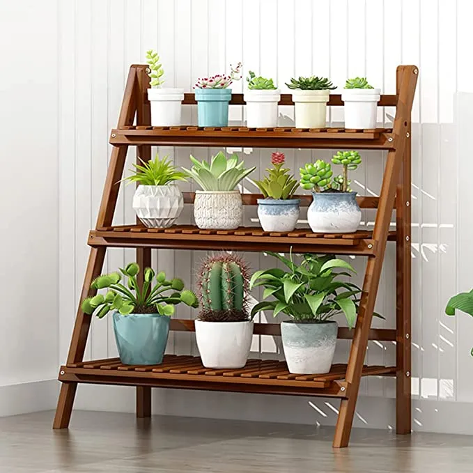 New Giantex Indoor/Outdoor Folding Bamboo Plant Stand, 3-Tier Flower Pot Rack Display Shelf! Could also be used as a shelf for many other items!
