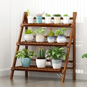 New Giantex Indoor/Outdoor Folding Bamboo Plant Stand, 3-Tier Flower Pot Rack Display Shelf! Could also be used as a shelf for many other items!