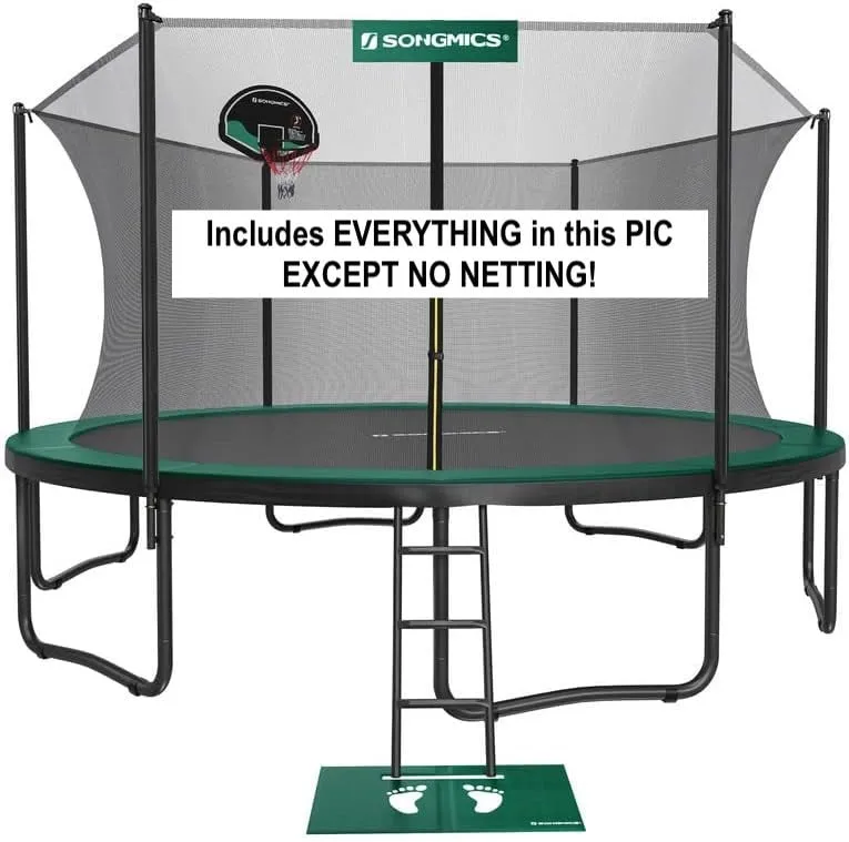NEW Retails $350  SONGMICS Trampoline, 15 ft Outdoor Trampoline for Kids Adults with Basketball Hoop, Safety Enclosure, Inner Net, Ladder, Spring Cover Pad, Max. Load 209 lb, Green and Black No Netting, Slight Scuffs on Metal Bars from Transport
