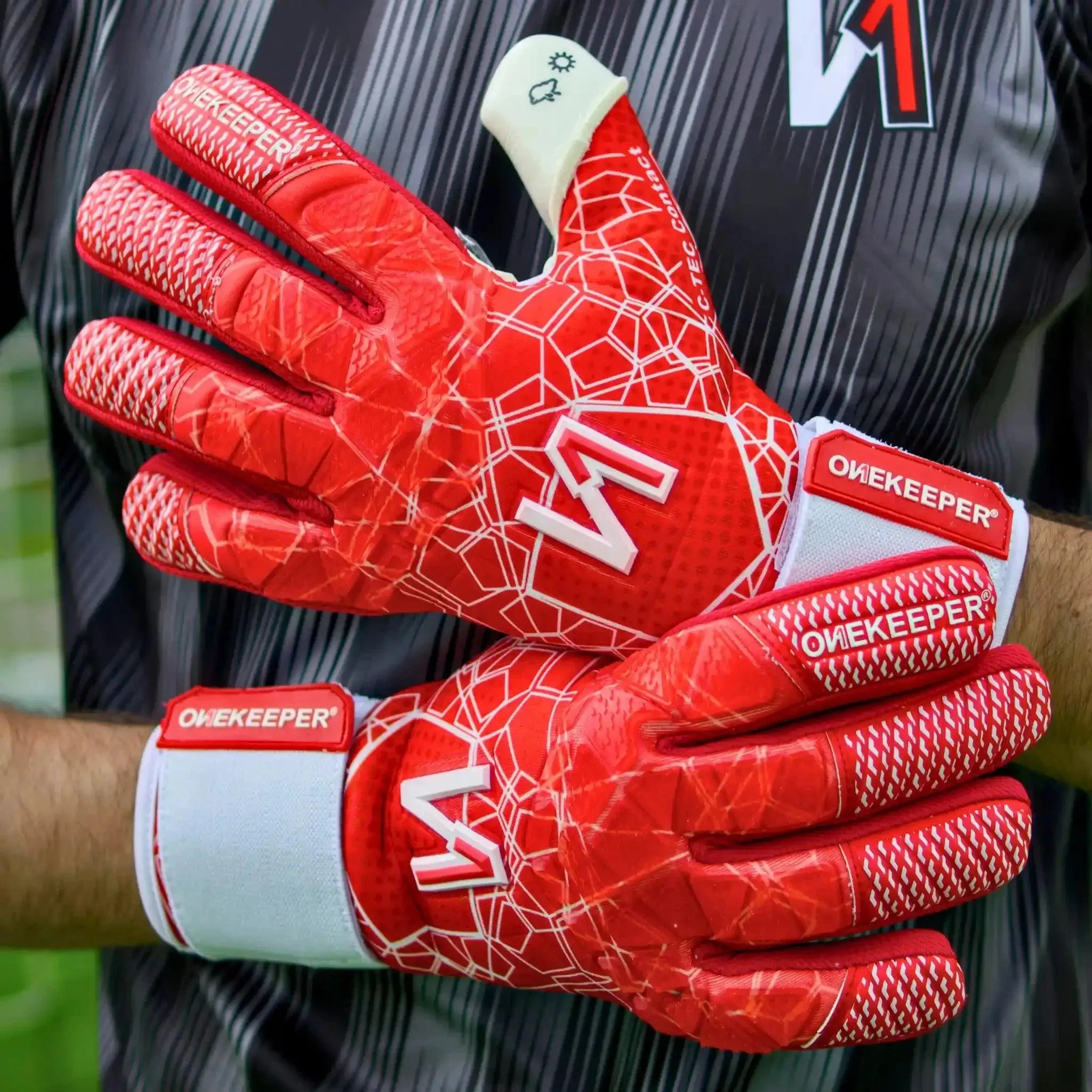 ONEKEEPER C-TEC Red and White - Pro Goalkeeper Gloves Sizes 8 to 12