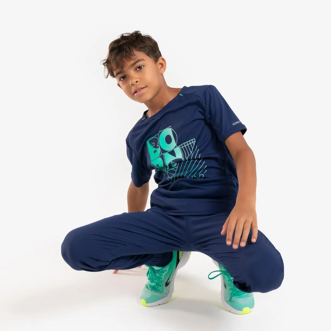 Pantalon de running avec zip Enfant - KIPRUN DRY  marine vert