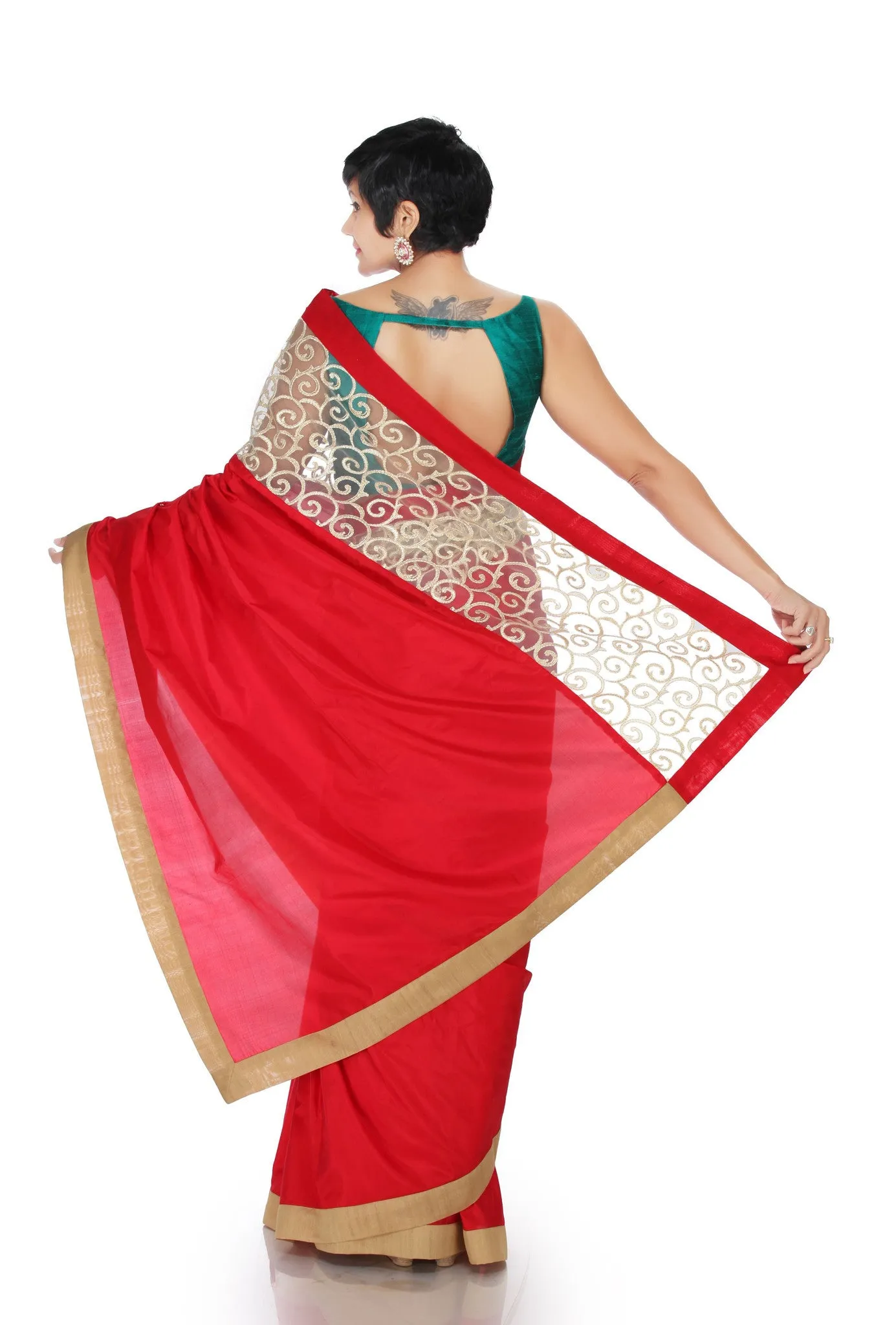 RED SAREE WITH THREAD WORK PANEL