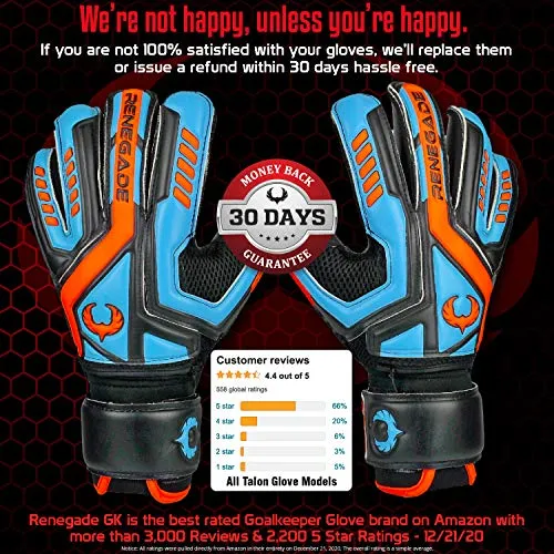 Renegade GK Talon Cyclone 2 Goalie Gloves with Pro-Tek Fingersaves | 4mm Hyper Grip & Duratek | Black, Orange, Blue Soccer Goalkeeper Gloves (Size 5, Kids, Boys, Girls, Roll Cut, Lvl 3)