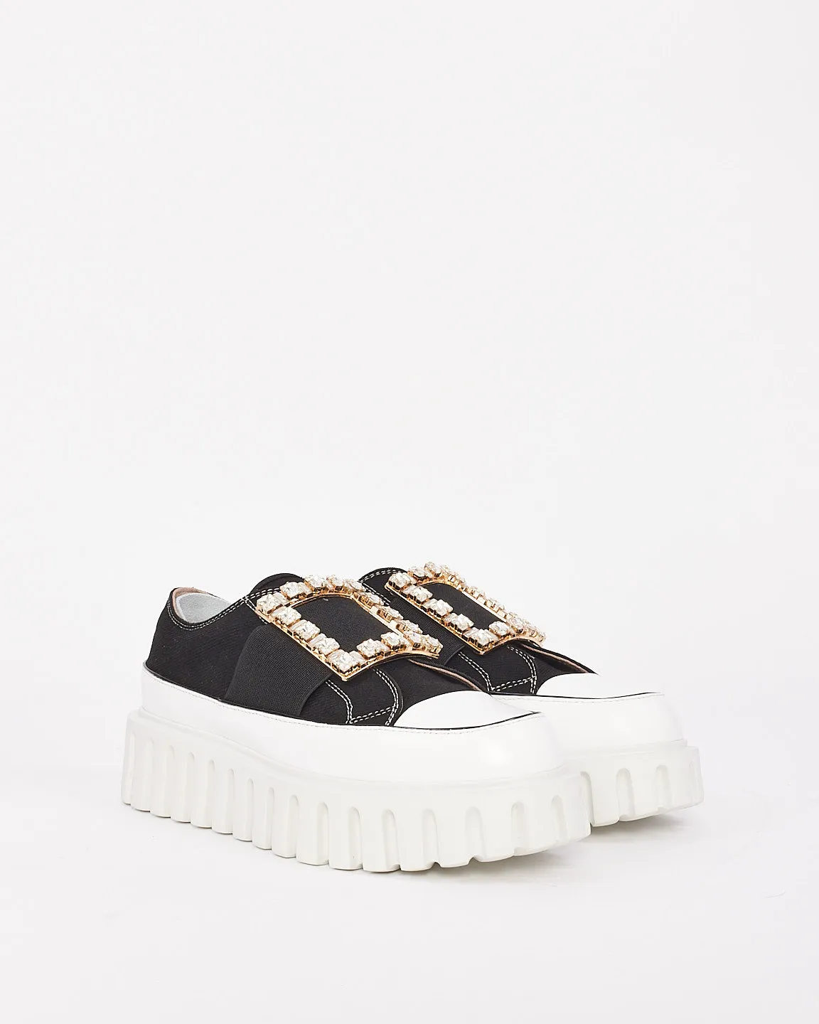 Roger Vivier Black Canvas Go Thick Strass Buckle Slip On Sneakers - 37