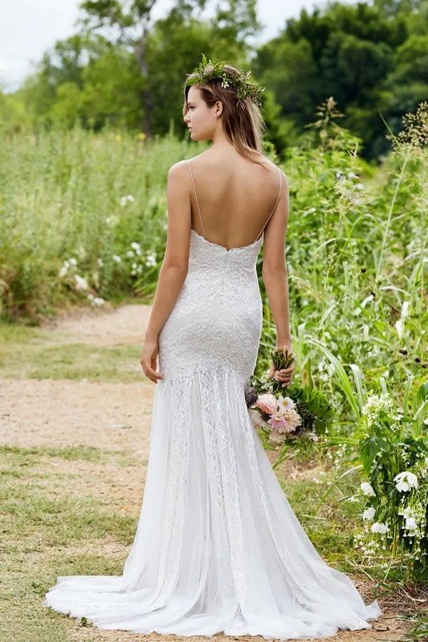 Simple Sweetheart Spaghetti Strap Fit And Flare Pleats Wedding Dresses TN0114